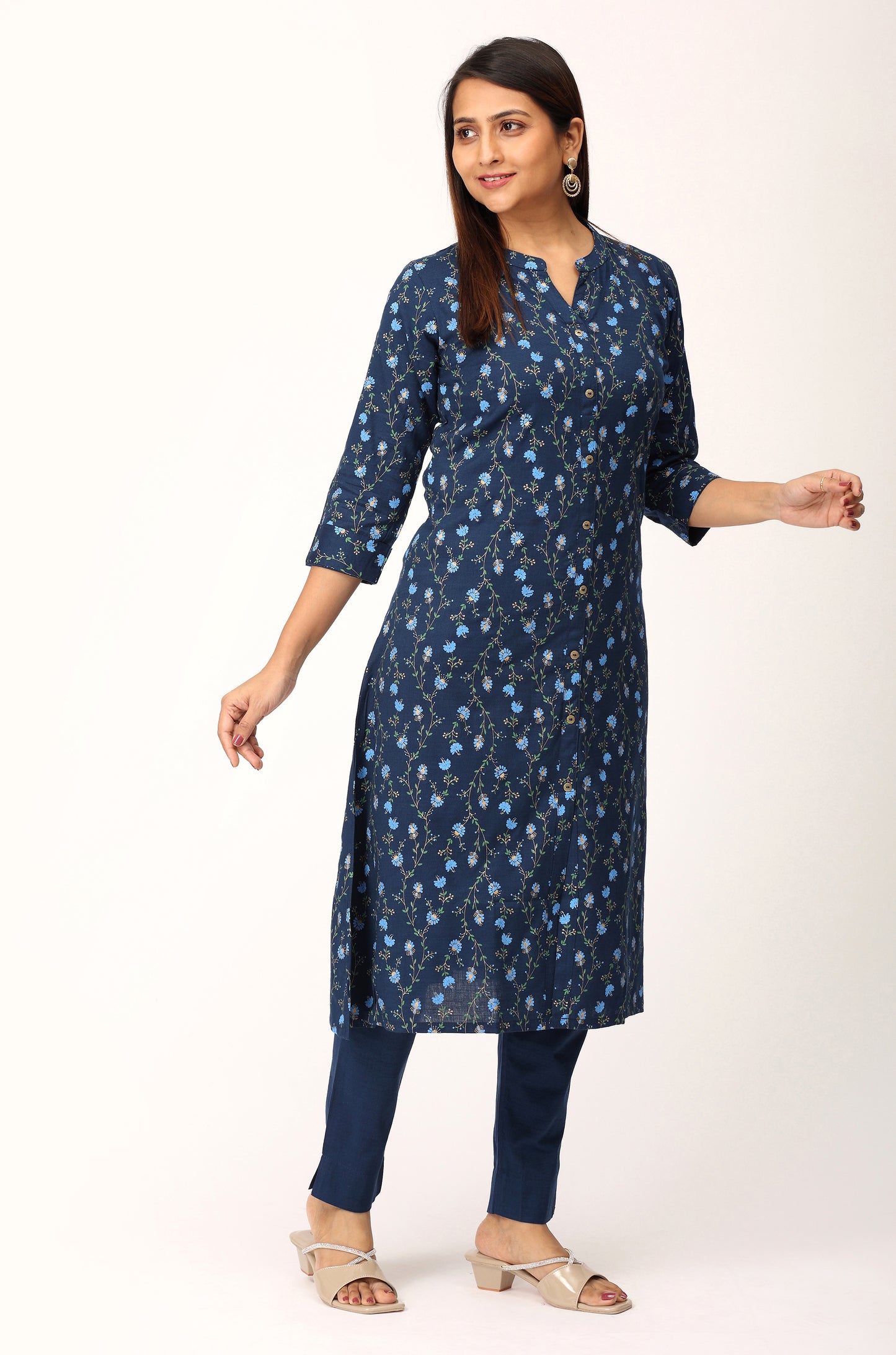 Navy Blue Rayon Slub Printed A-Line Kurti Set - 2Pcs