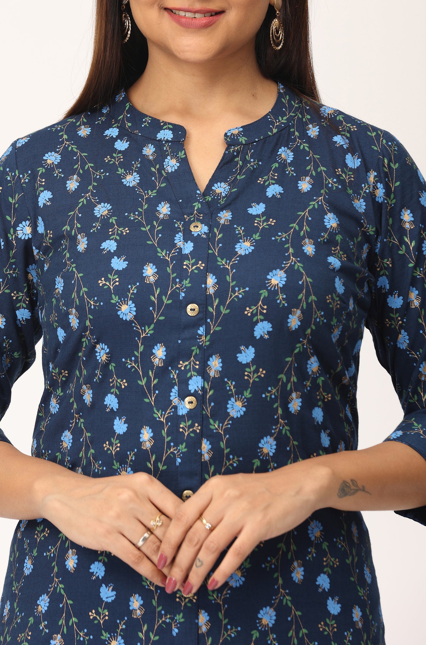Navy Blue Rayon Slub Printed A-Line Kurti Set - 2Pcs