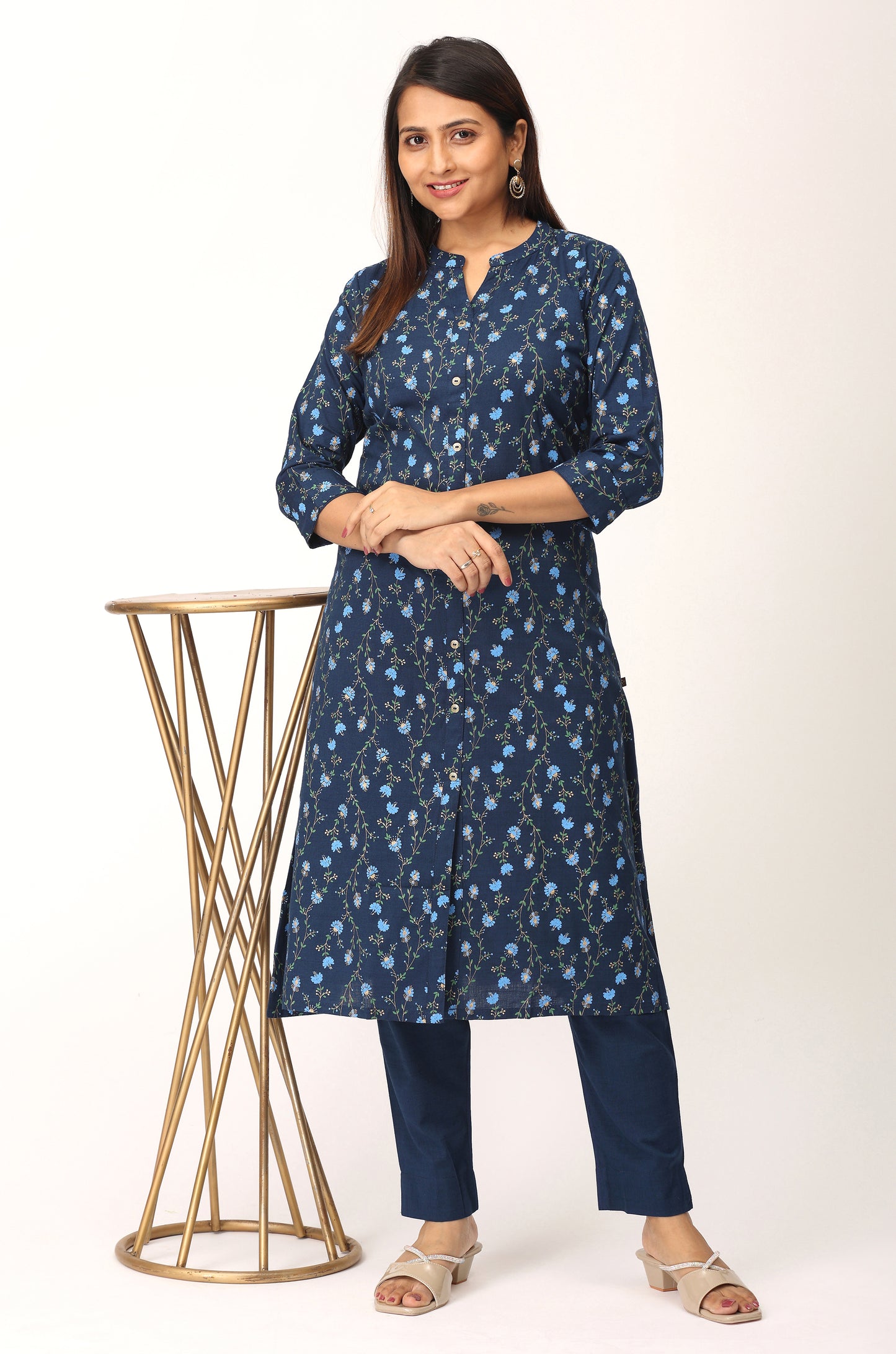 Navy Blue Rayon Slub Printed A-Line Kurti Set - 2Pcs