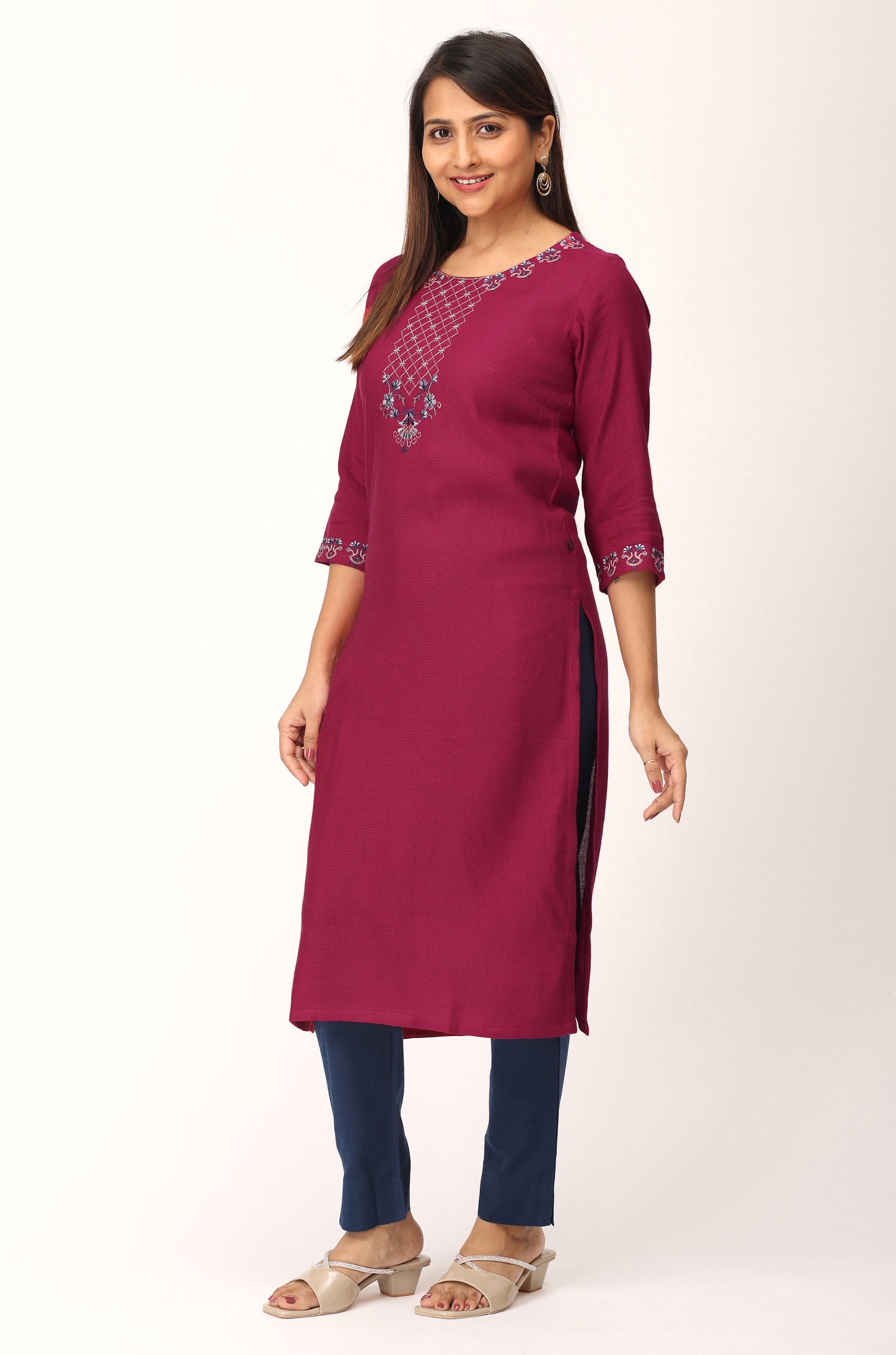 Bright Pink Matty Straight Embroidery Kurti
