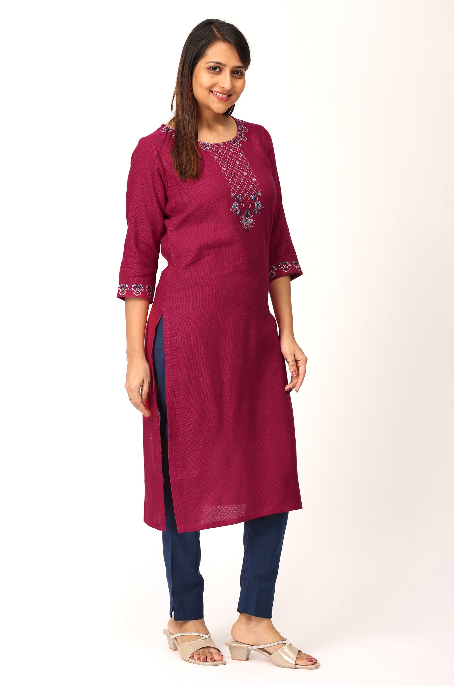 Bright Pink Matty Straight Embroidery Kurti