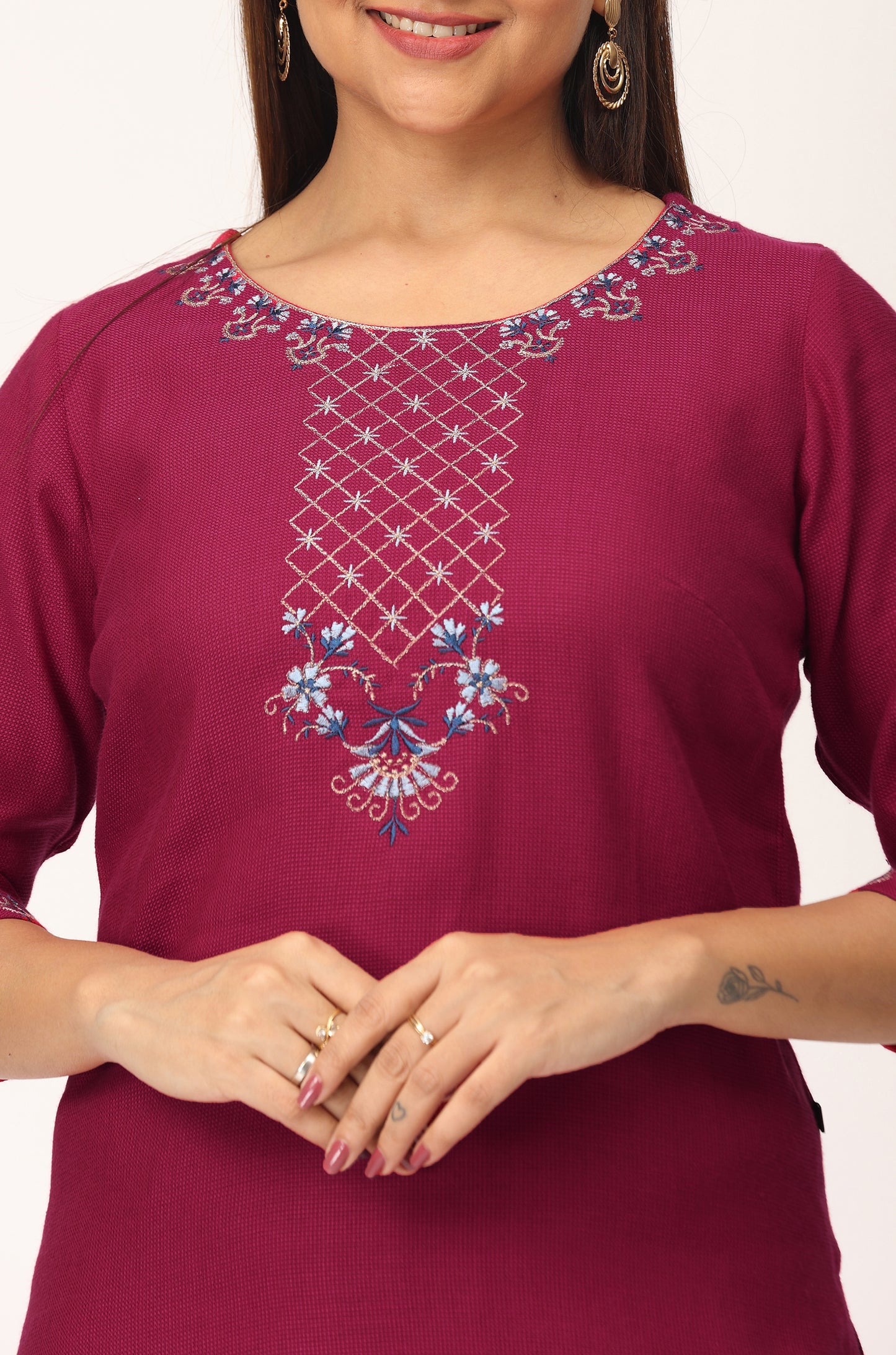 Bright Pink Matty Straight Embroidery Kurti