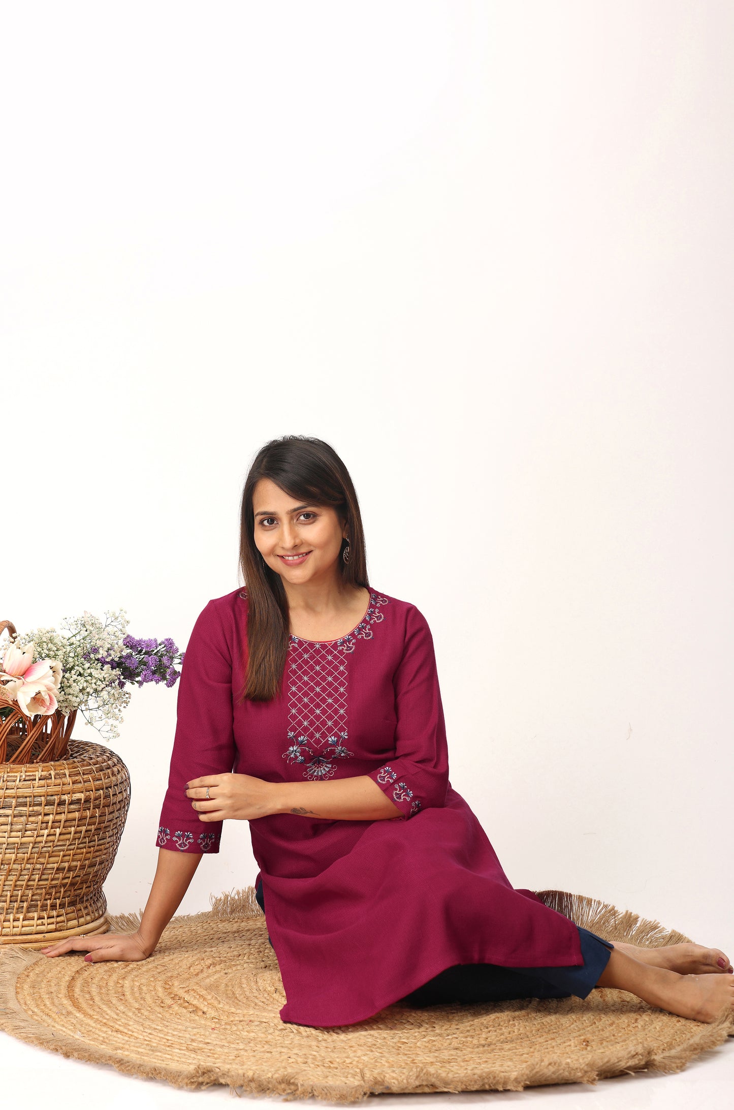 Bright Pink Matty Straight Embroidery Kurti