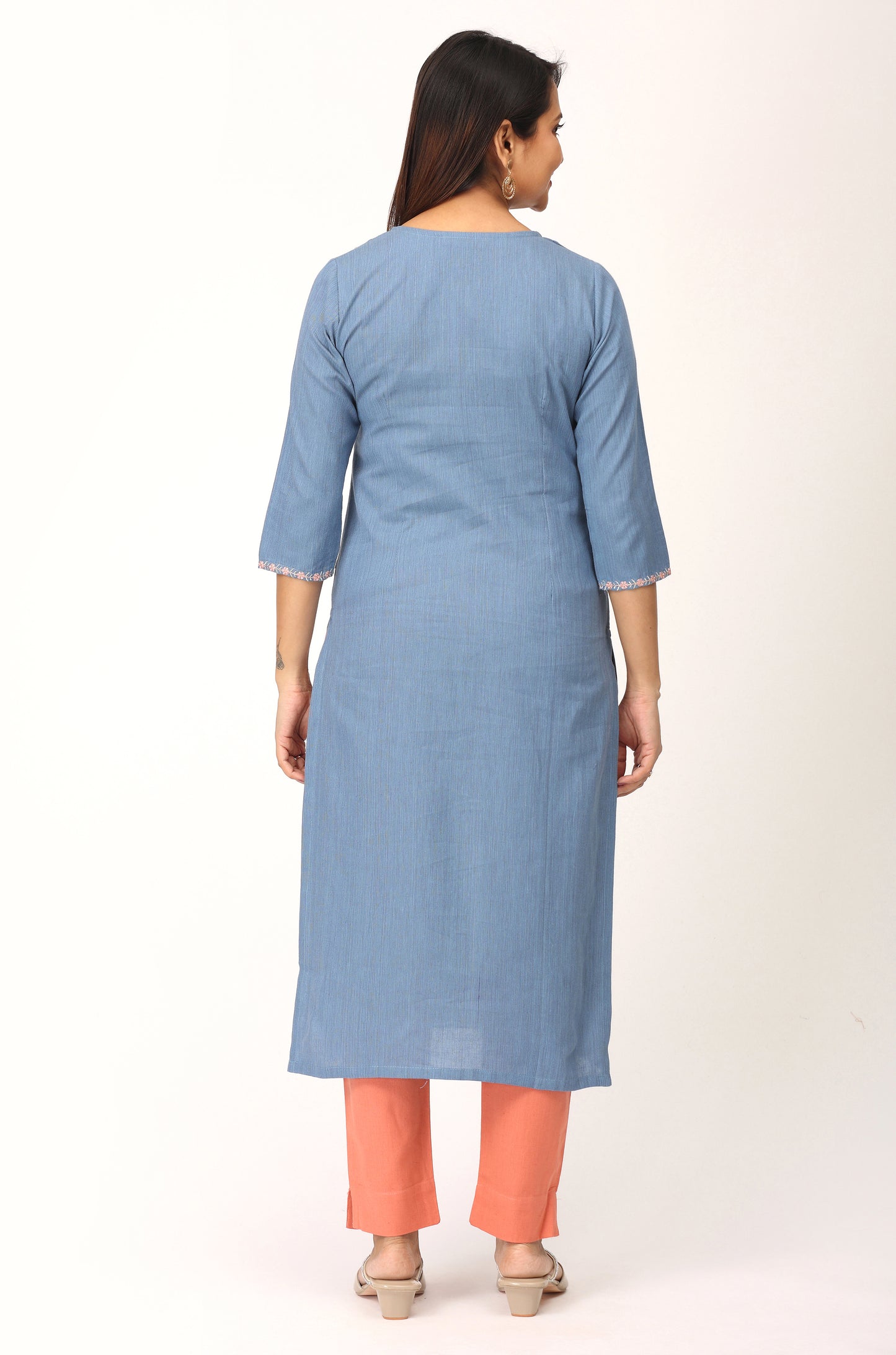 Powder Blue Khadi Embroidery Straight Kurti