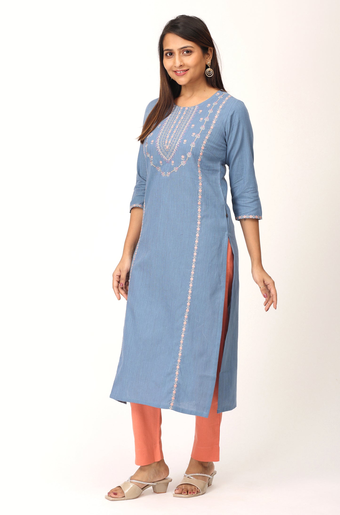 Powder Blue Khadi Embroidery Straight Kurti