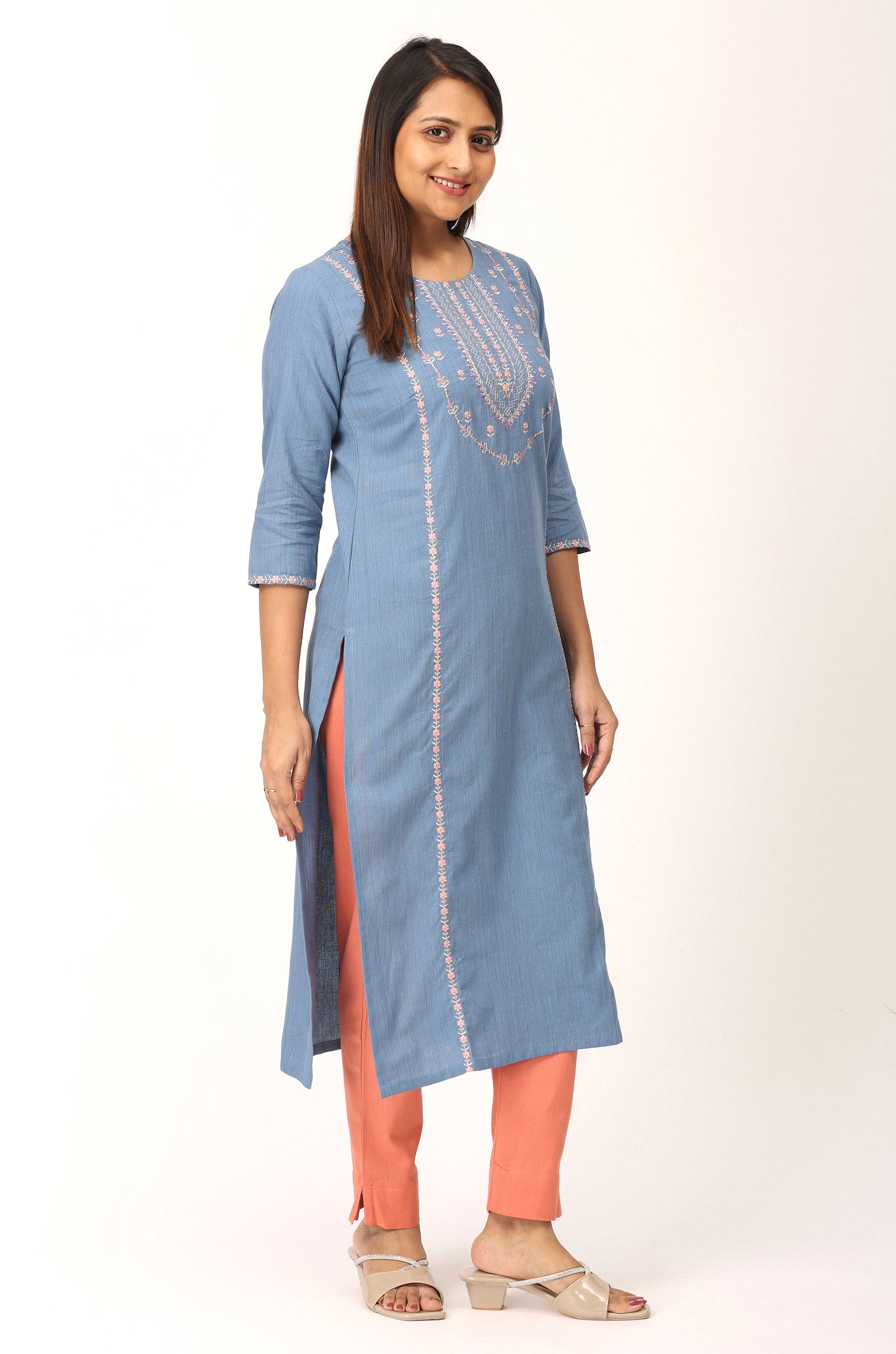 Powder Blue Khadi Embroidery Straight Kurti
