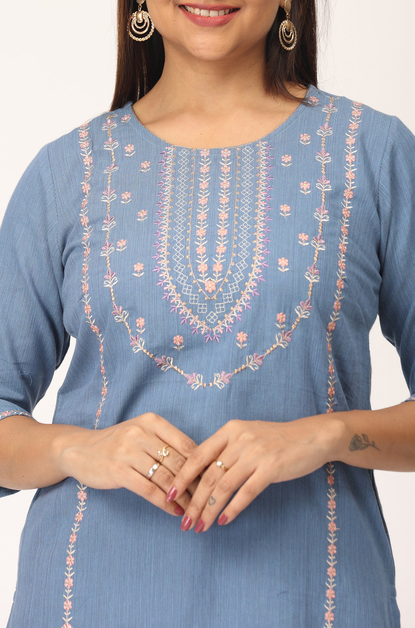 Powder Blue Khadi Embroidery Straight Kurti