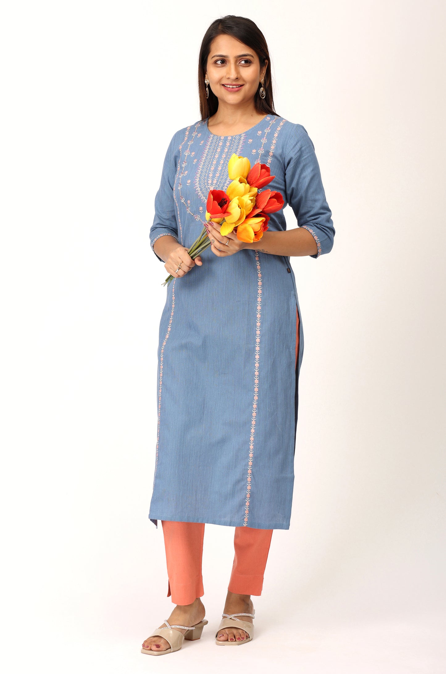 Powder Blue Khadi Embroidery Straight Kurti