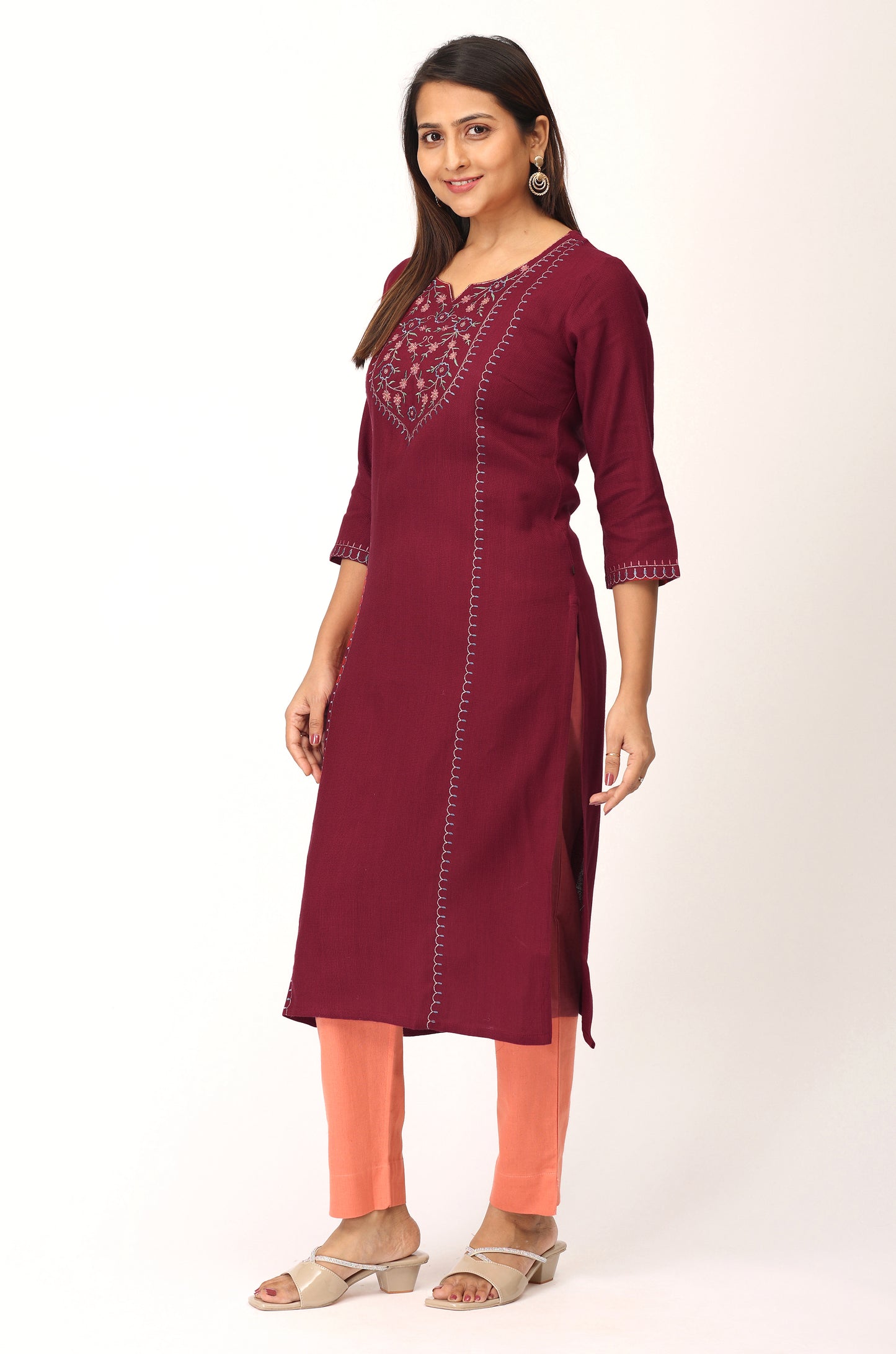 Maroon Matty Embroidery Straight Kurti