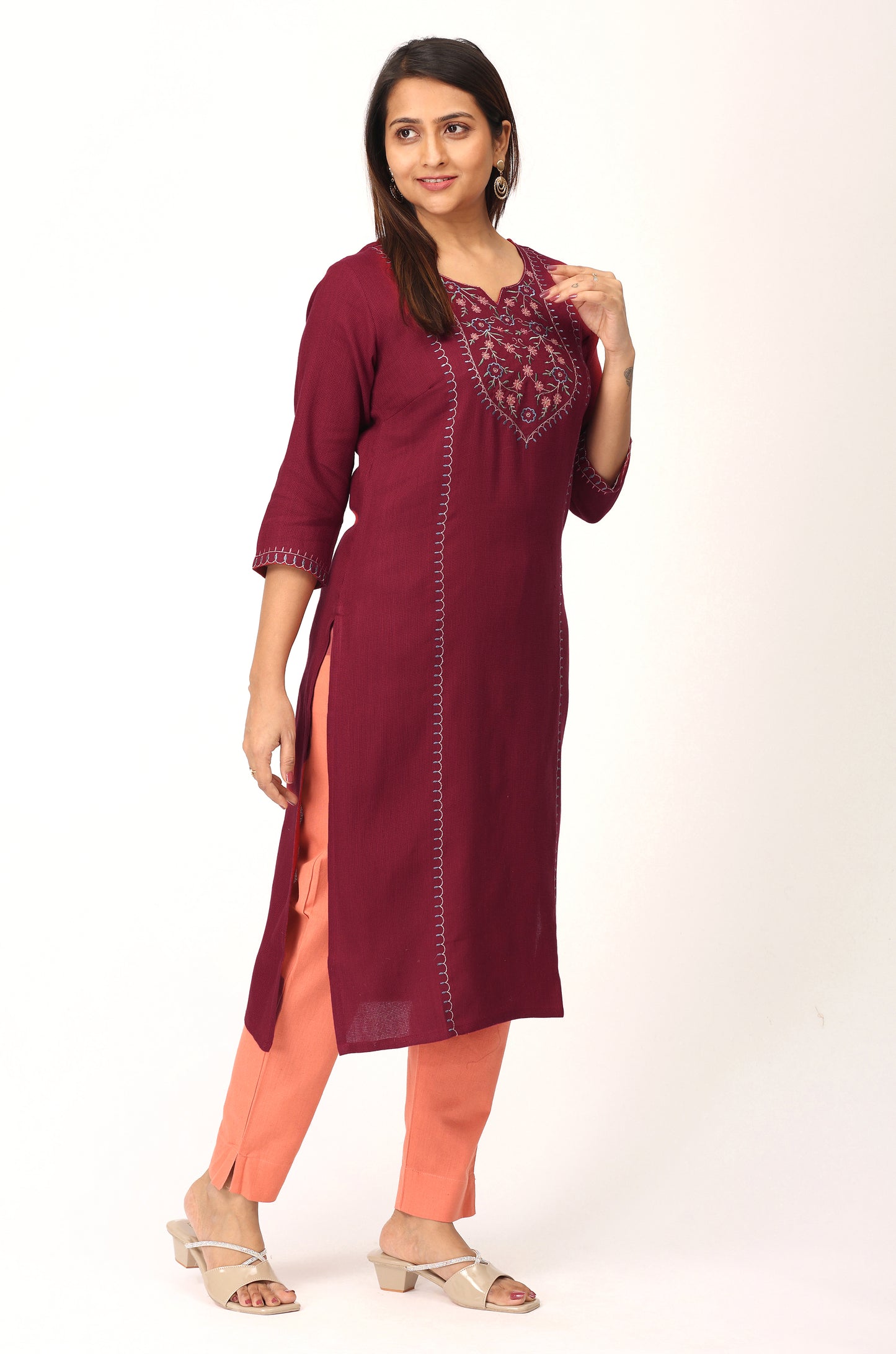 Maroon Matty Embroidery Straight Kurti