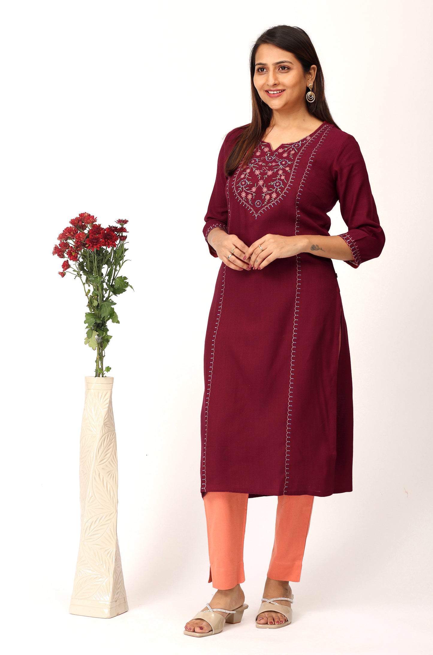 Maroon Matty Embroidery Straight Kurti