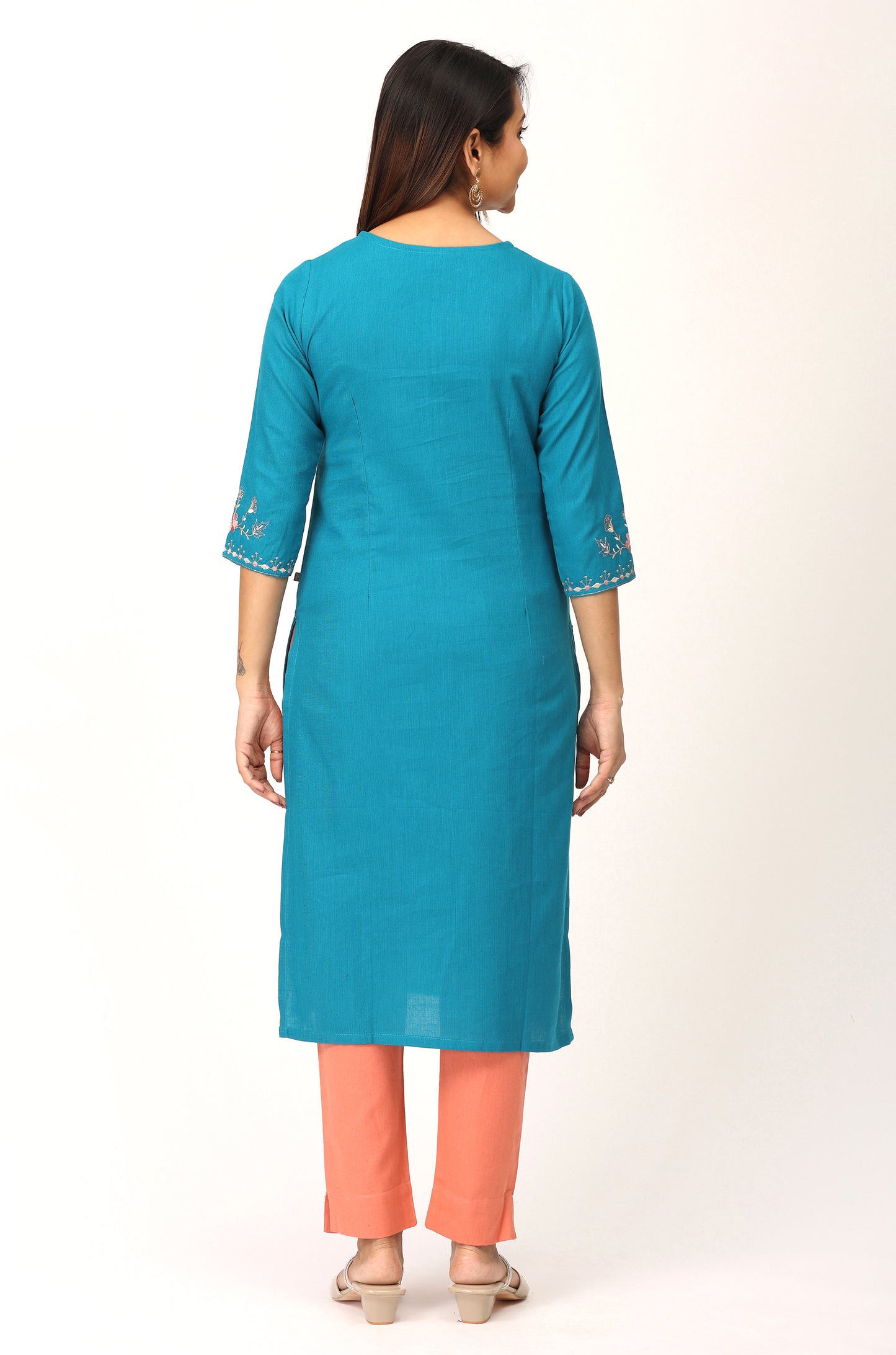 Peacock Blue Khadi Embroidery Straight Kurti