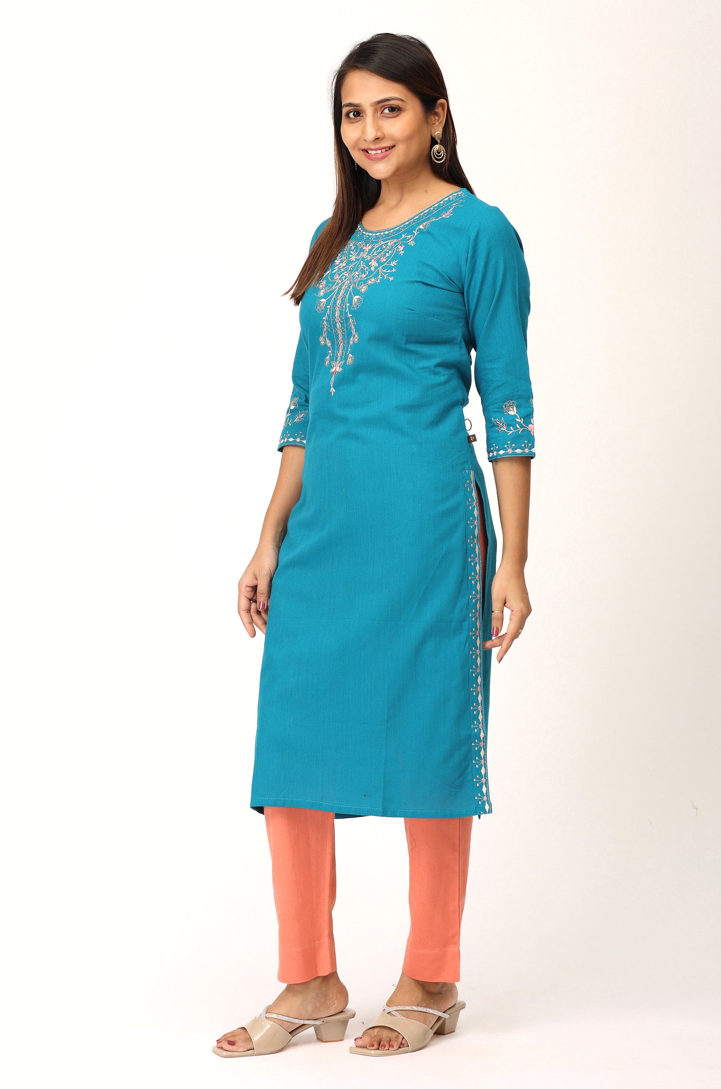 Peacock Blue Khadi Embroidery Straight Kurti
