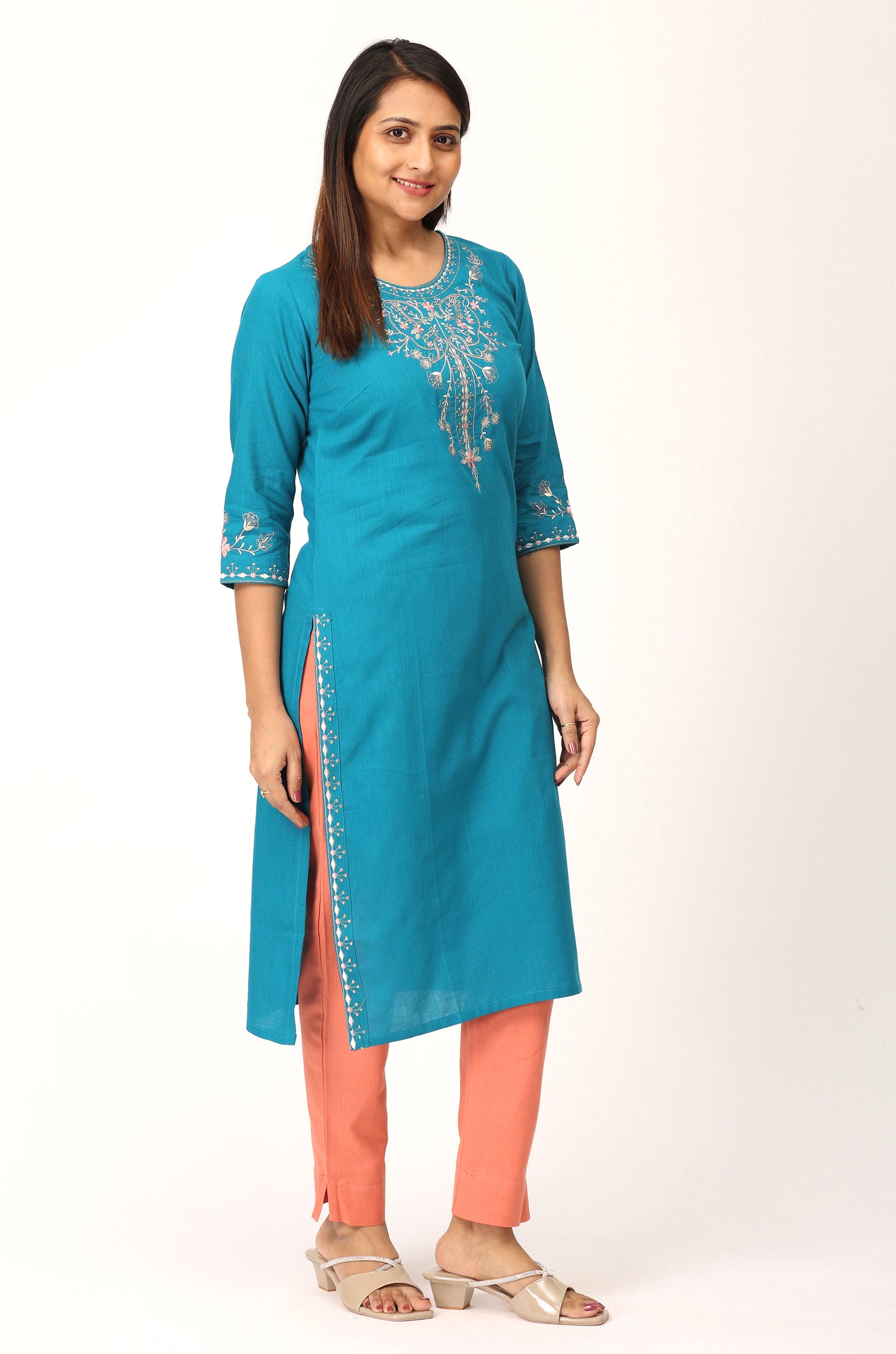 Peacock Blue Khadi Embroidery Straight Kurti