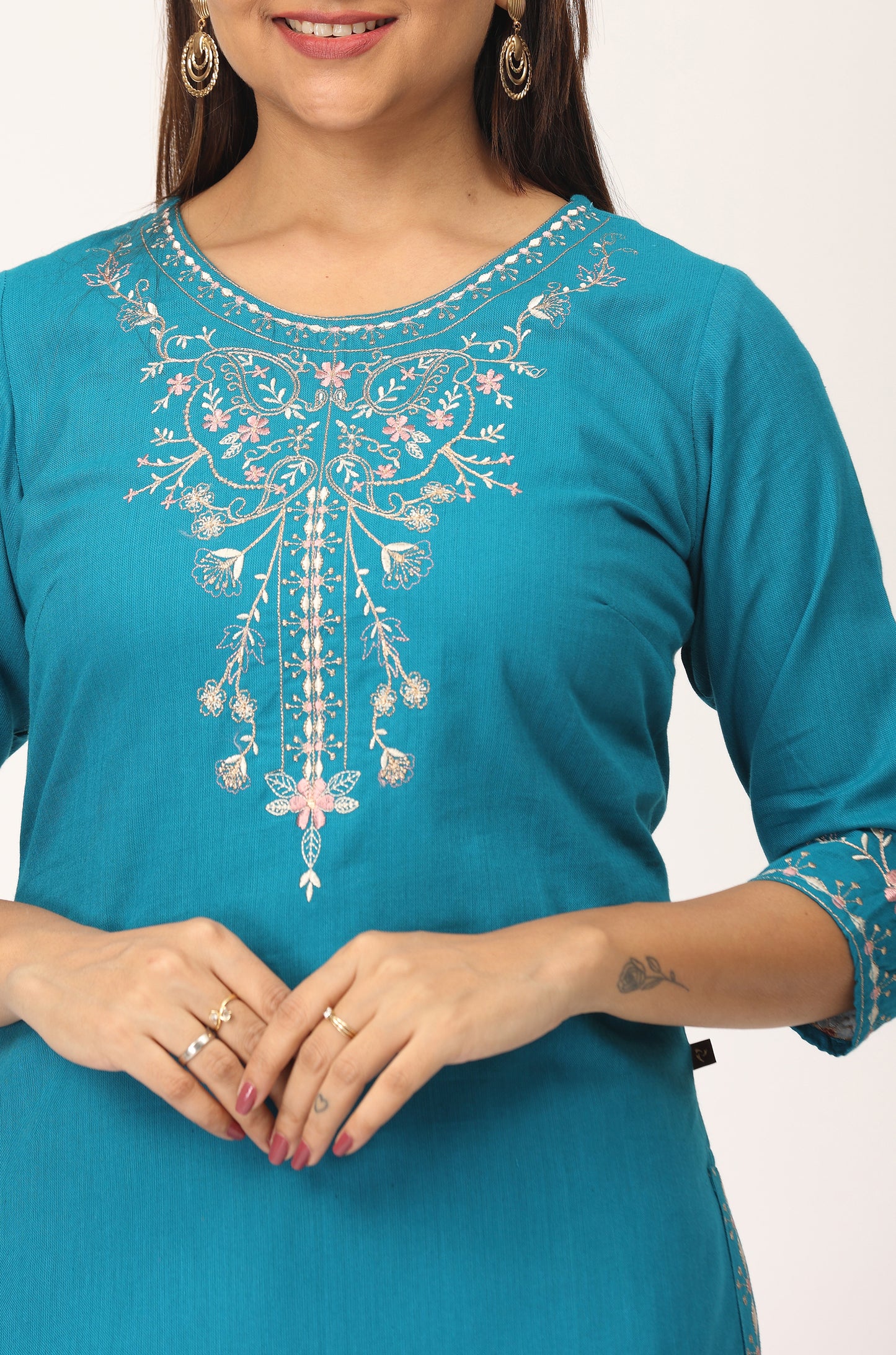 Peacock Blue Khadi Embroidery Straight Kurti