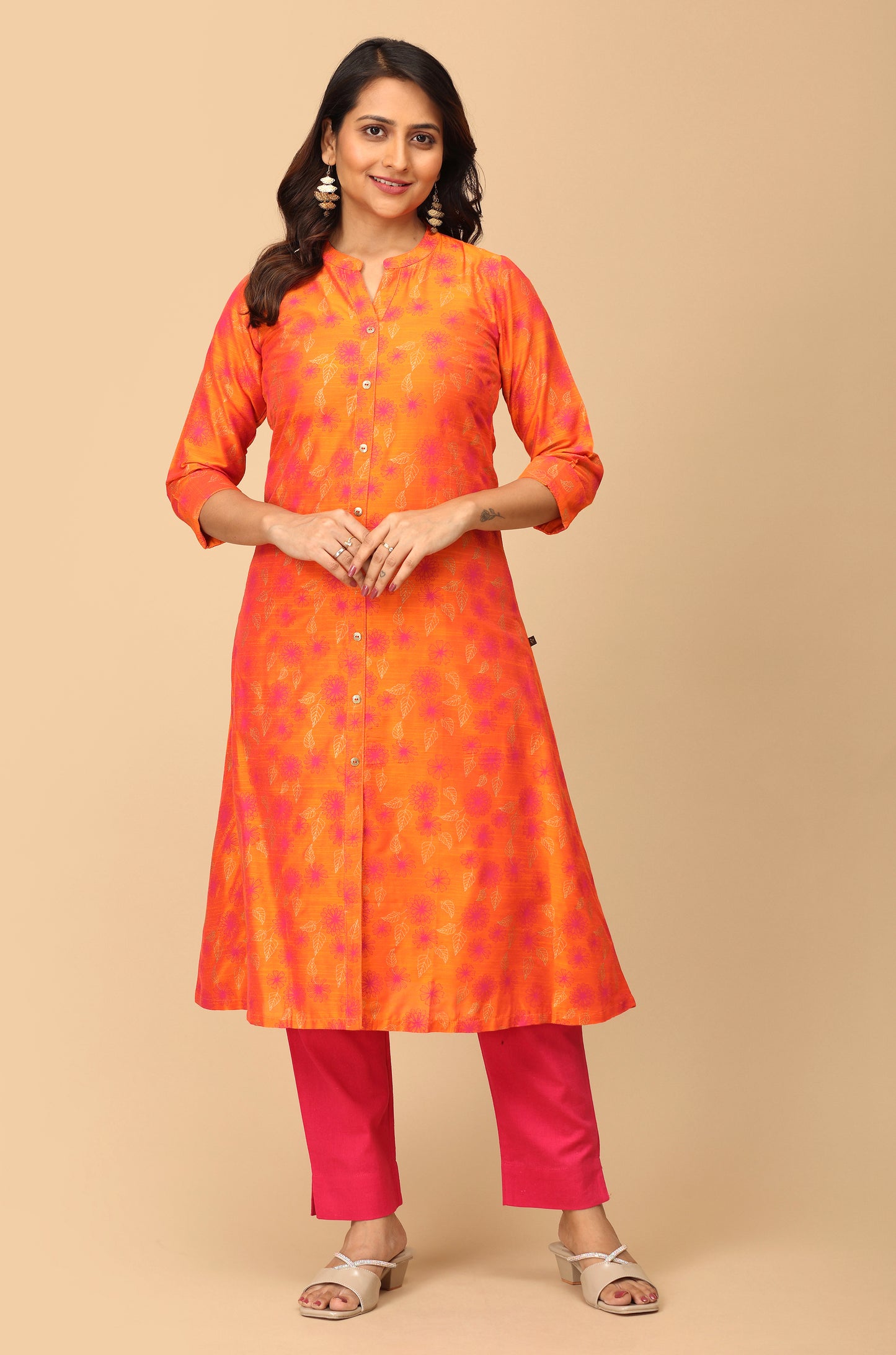Orange Slub Silk Printed A-Line Kurti