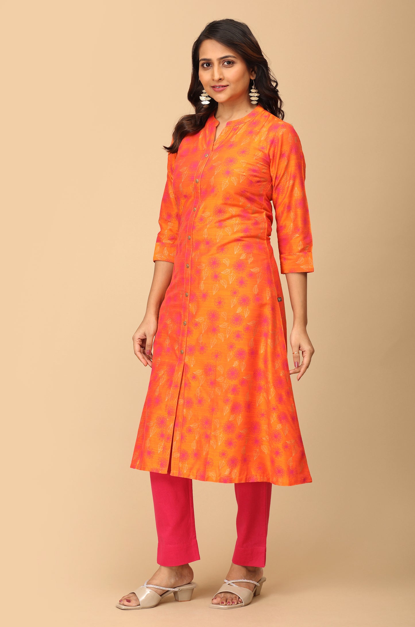 Orange Slub Silk Printed A-Line Kurti