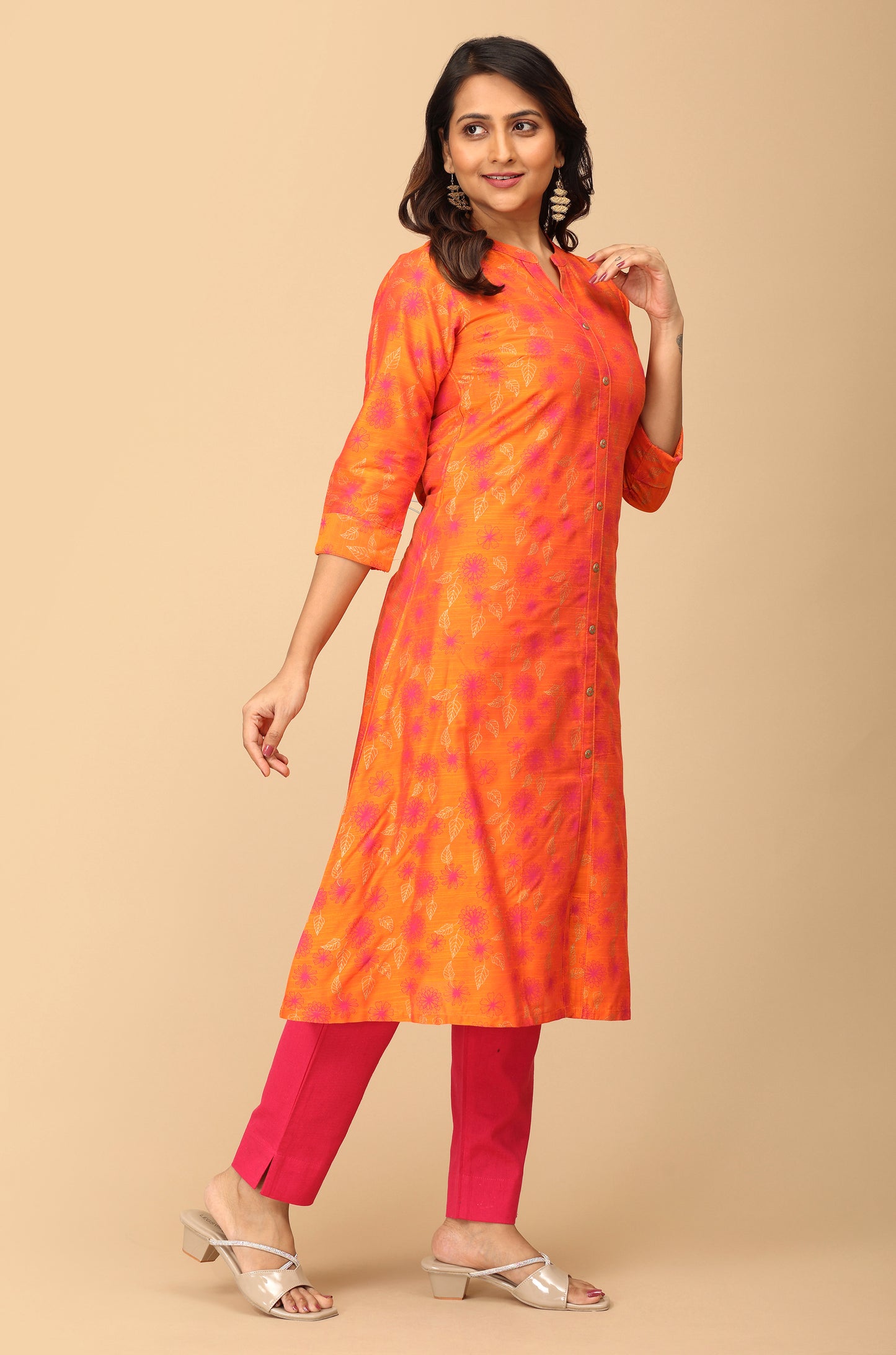 Orange Slub Silk Printed A-Line Kurti