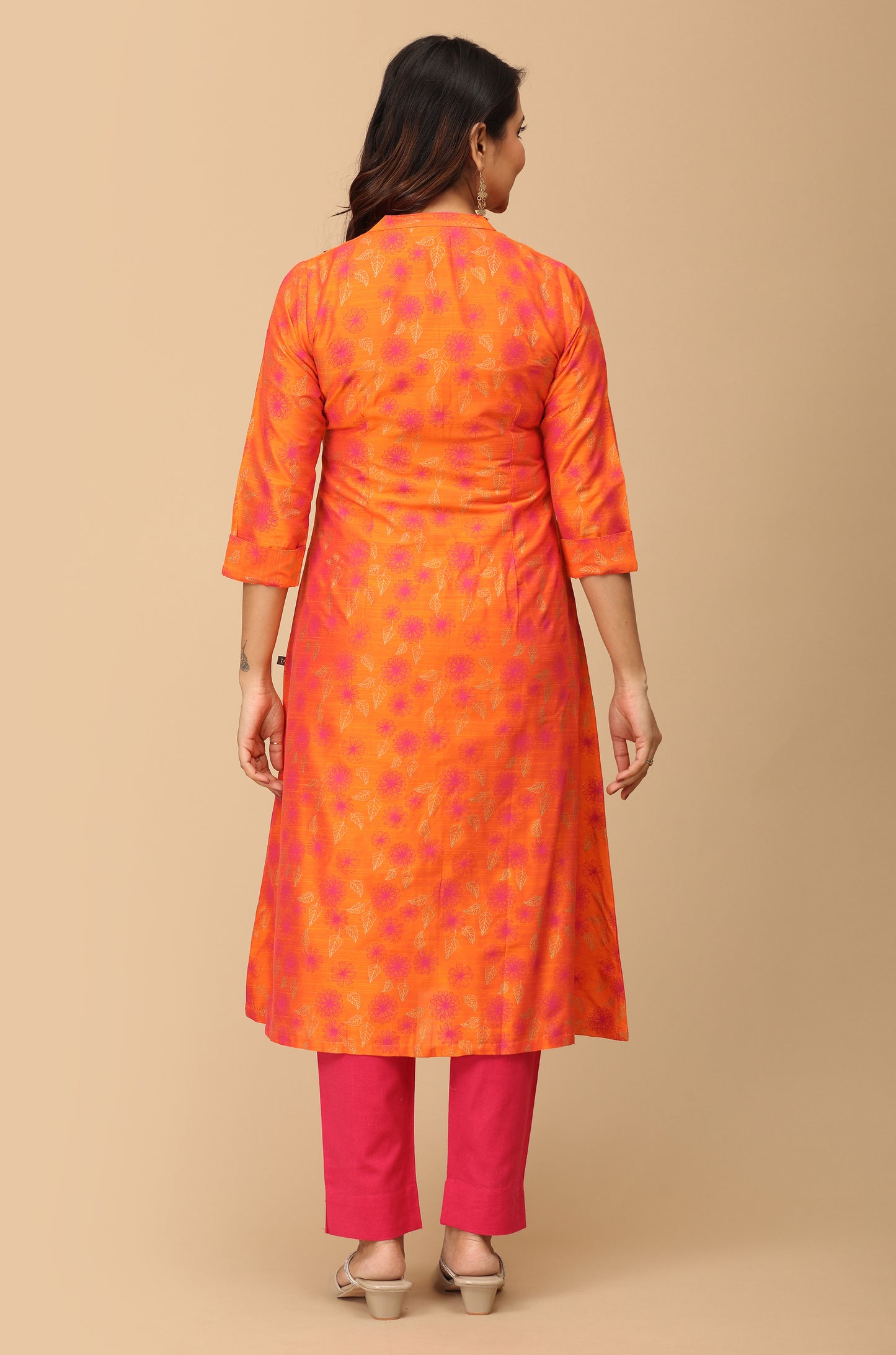 Orange Slub Silk Printed A-Line Kurti
