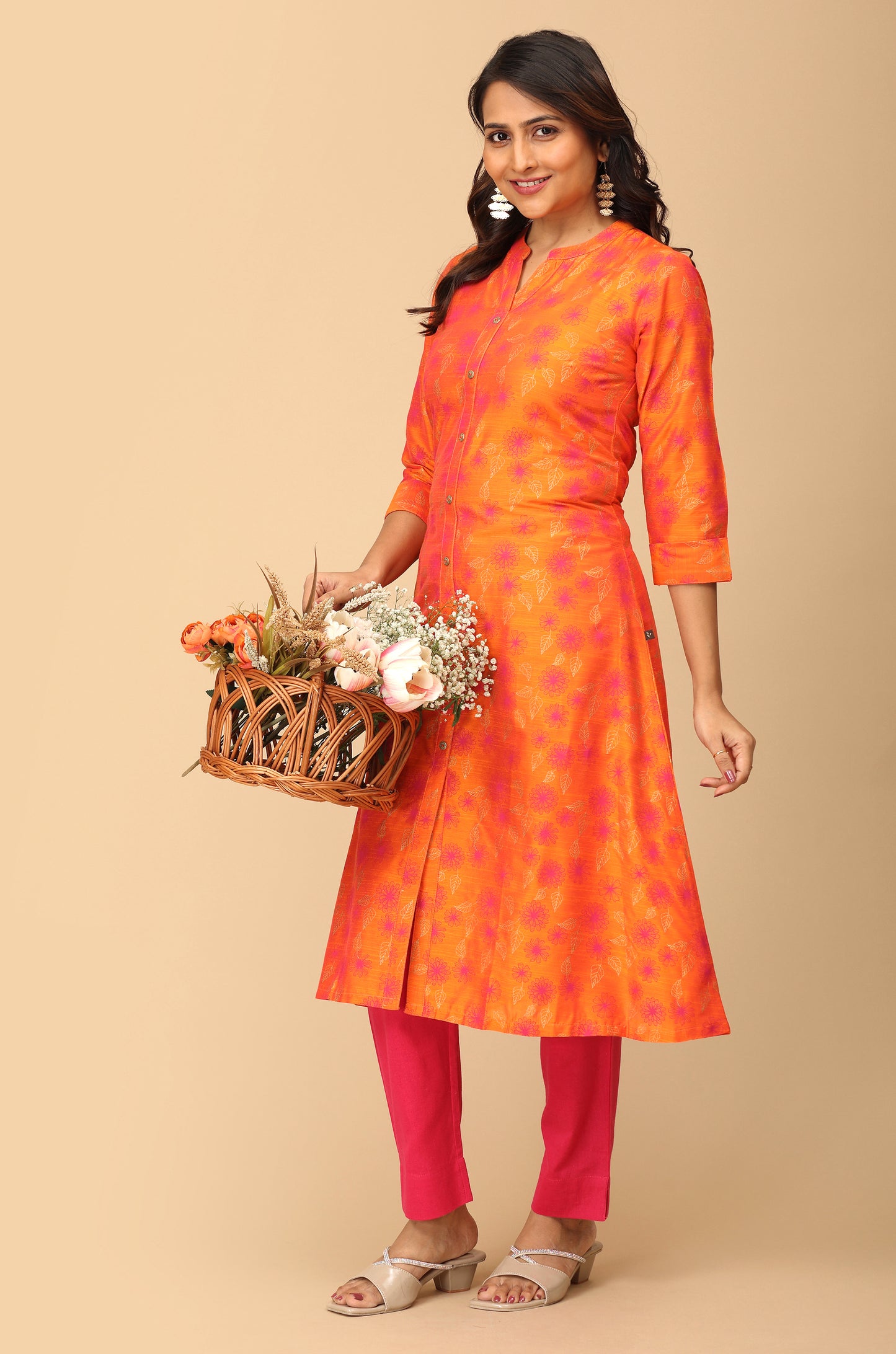 Orange Slub Silk Printed A-Line Kurti