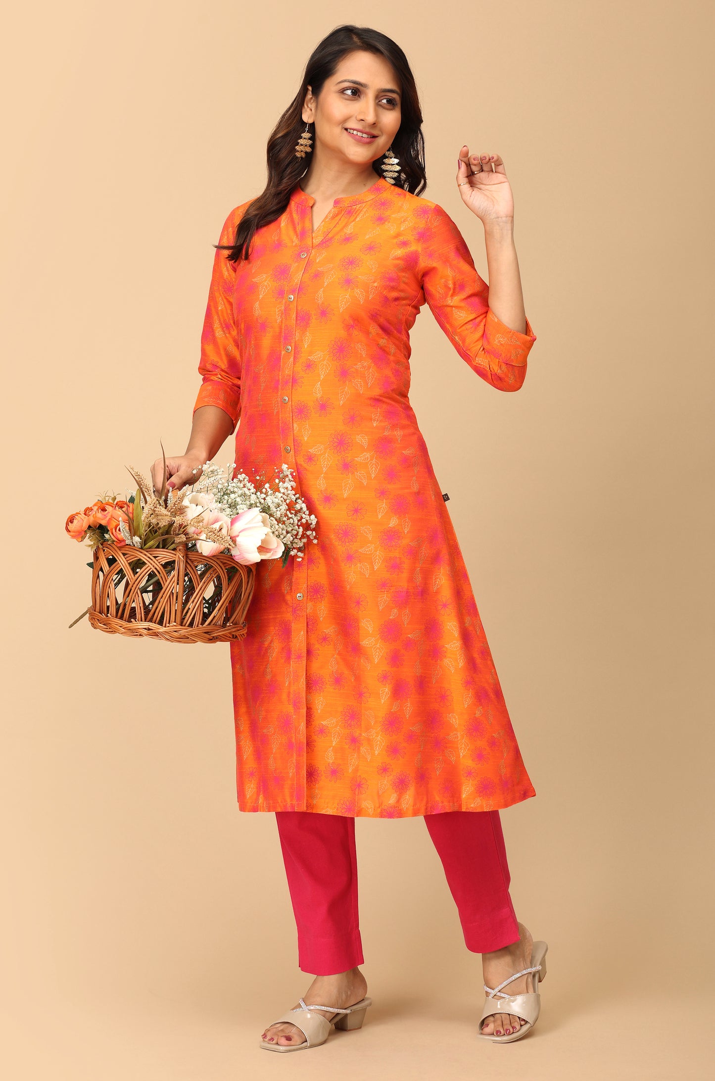 Orange Slub Silk Printed A-Line Kurti