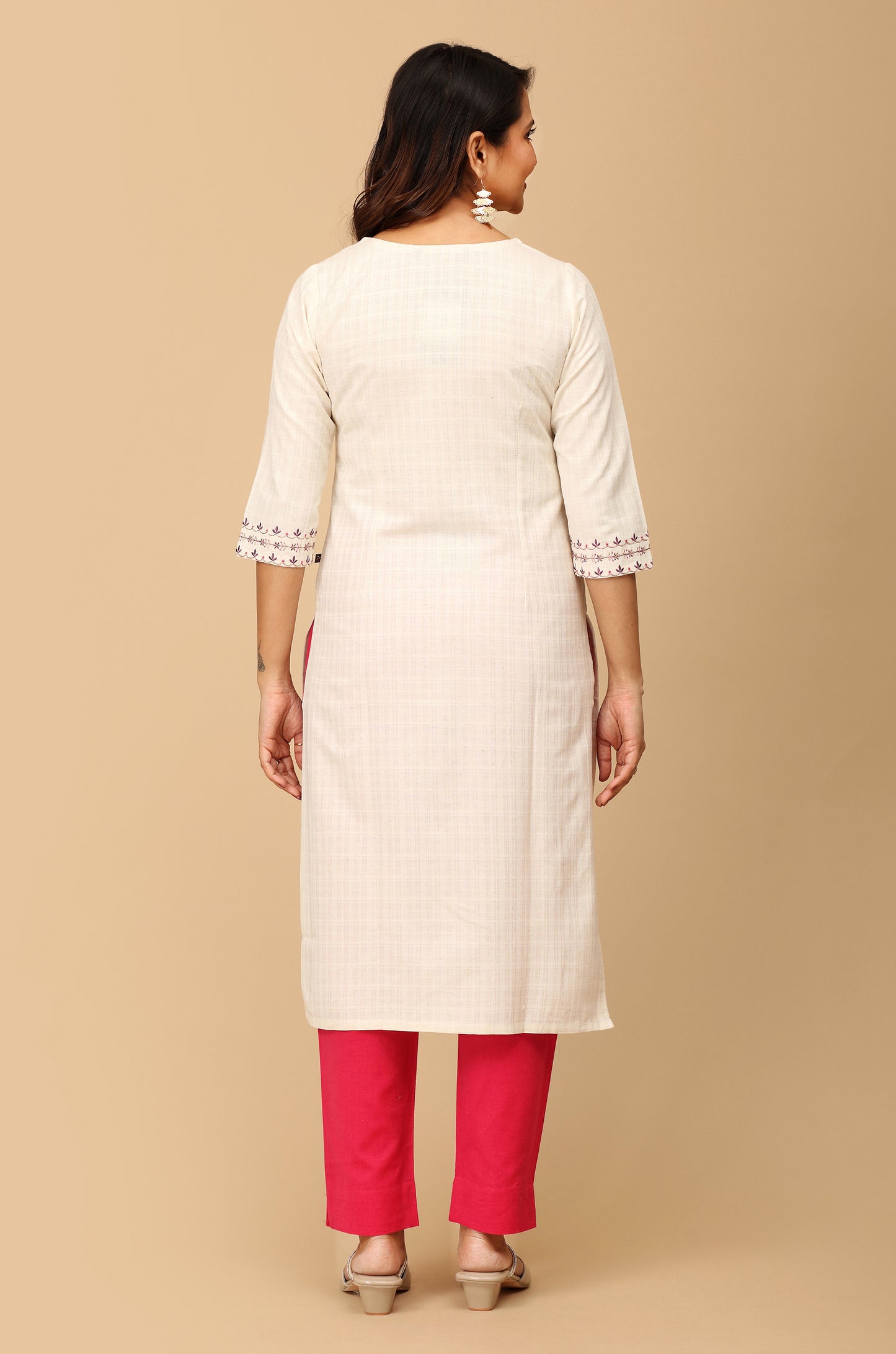 Off White Viscose Embroidery Straight Kurti