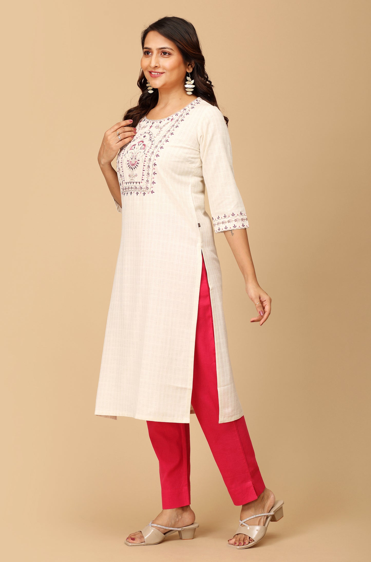 Off White Viscose Embroidery Straight Kurti