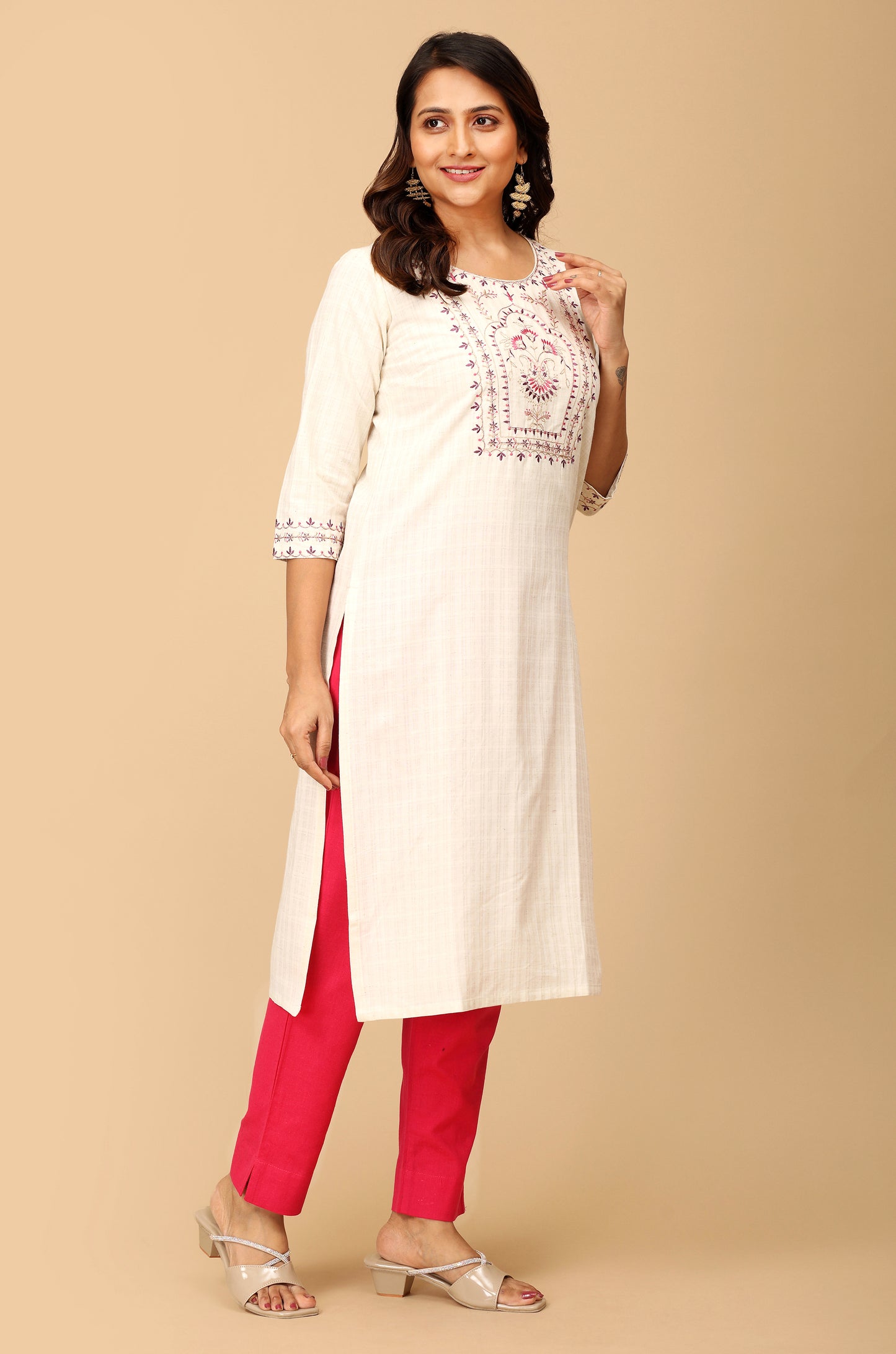 Off White Viscose Embroidery Straight Kurti