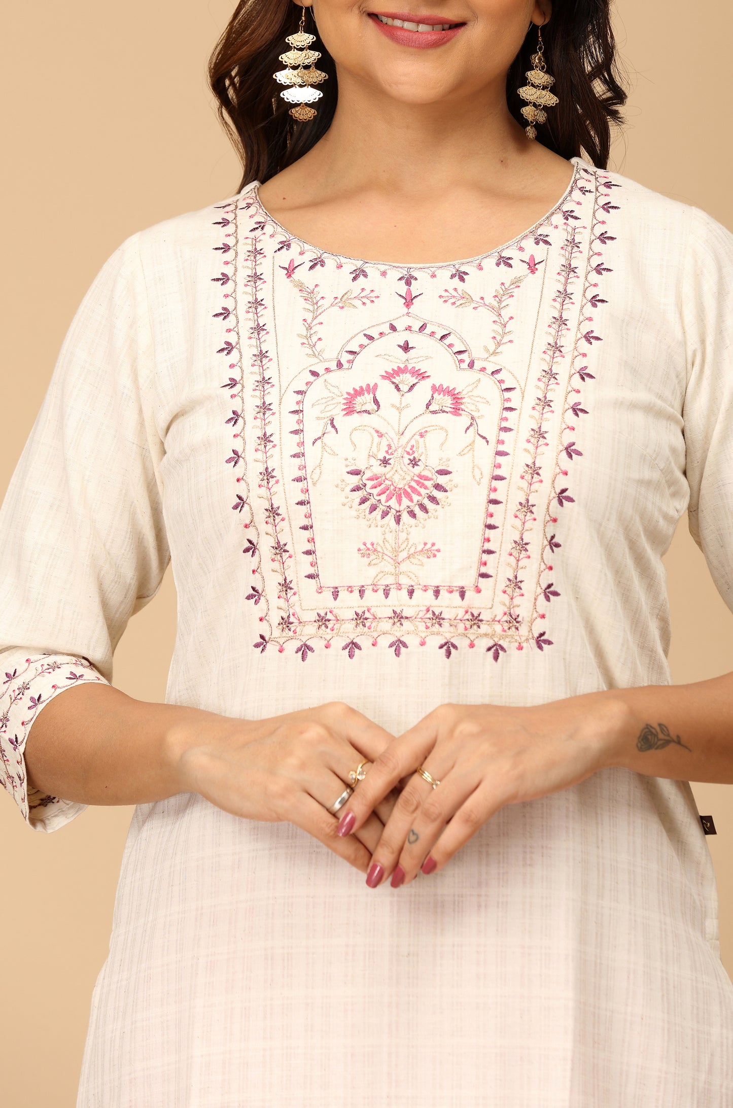 Off White Viscose Embroidery Straight Kurti