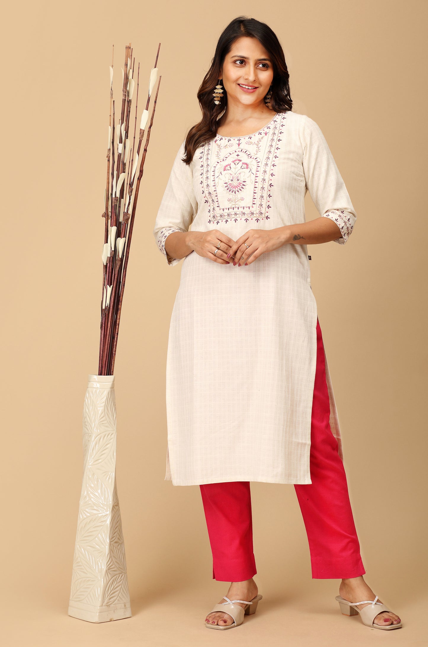 Off White Viscose Embroidery Straight Kurti