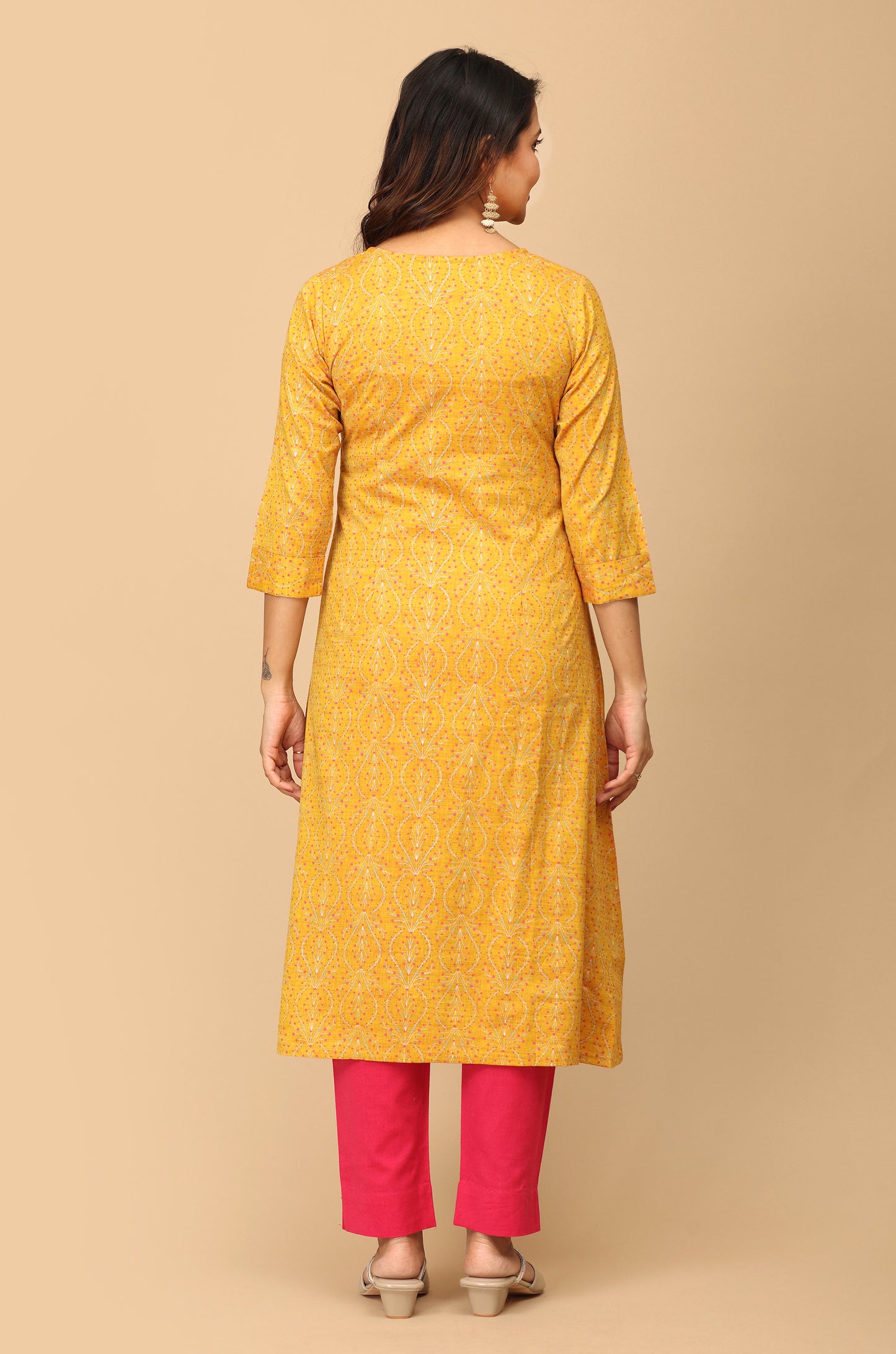 Mustard Rayon Slub Printed A-Line Kurti