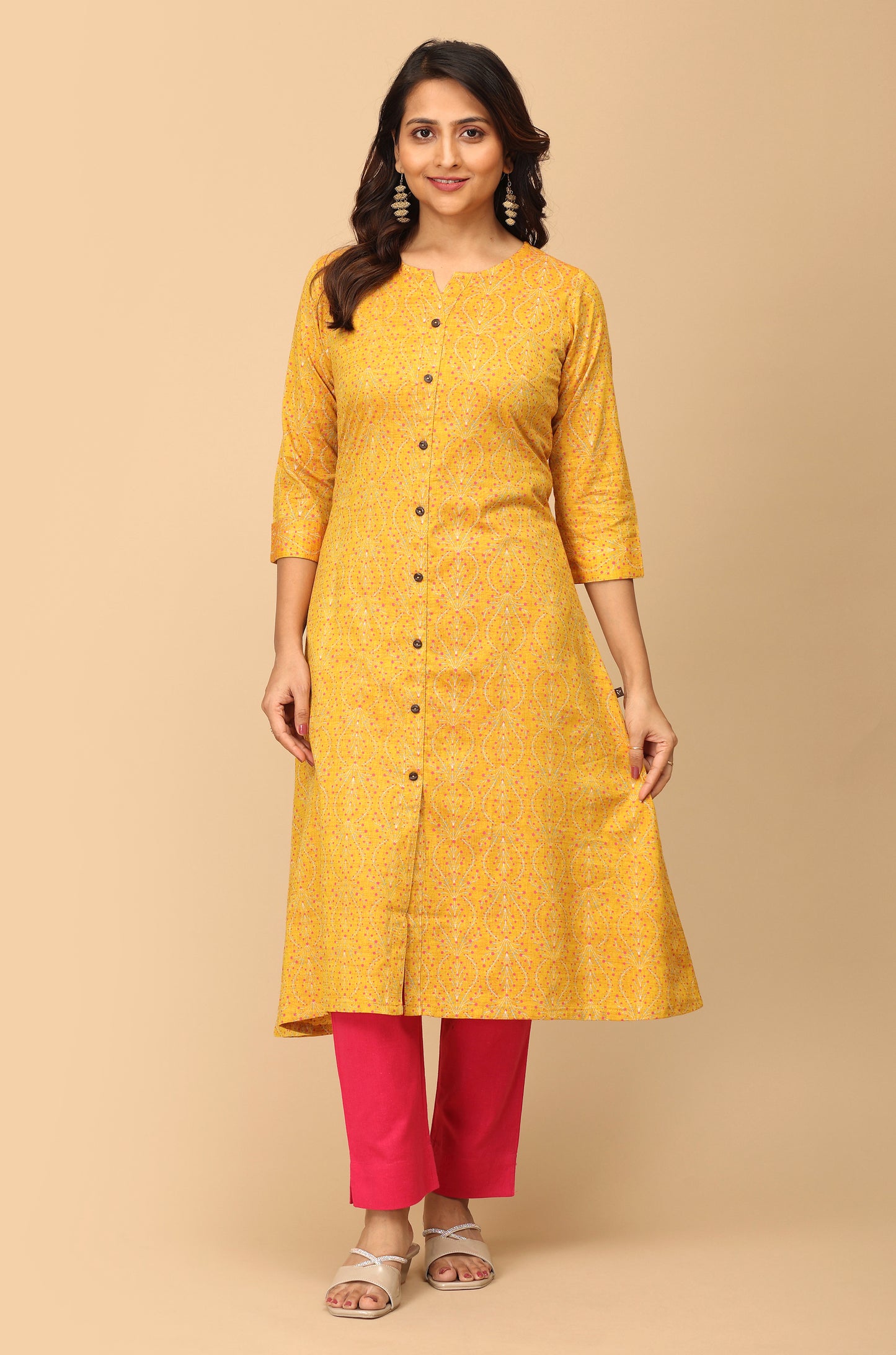 Mustard Rayon Slub Printed A-Line Kurti