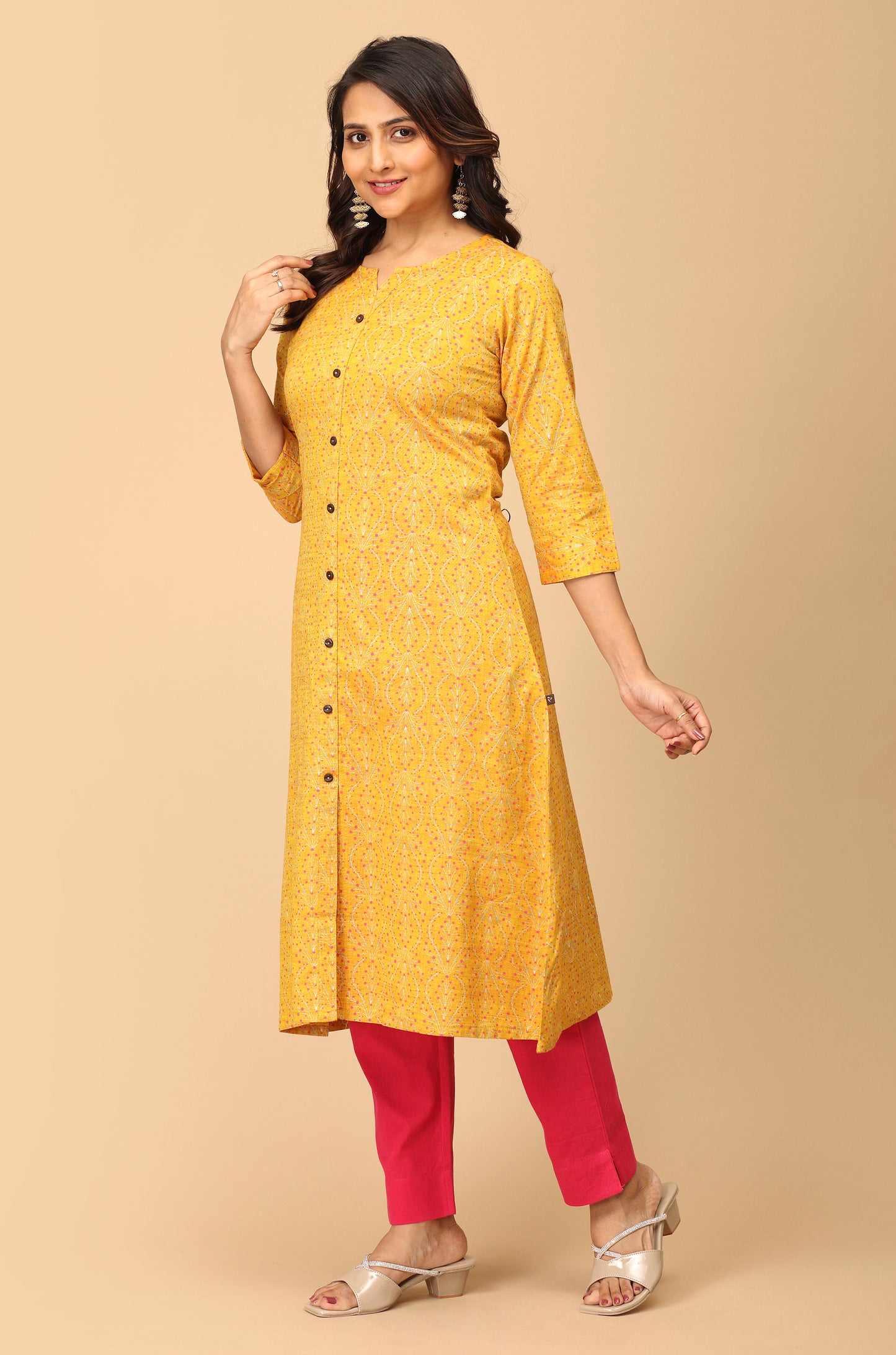 Mustard Rayon Slub Printed A-Line Kurti