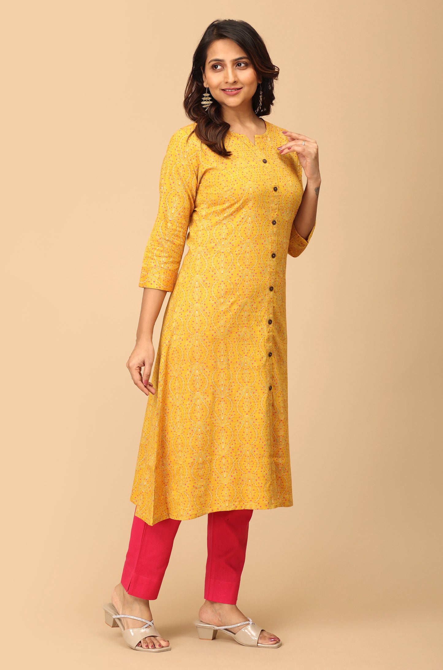 Mustard Rayon Slub Printed A-Line Kurti