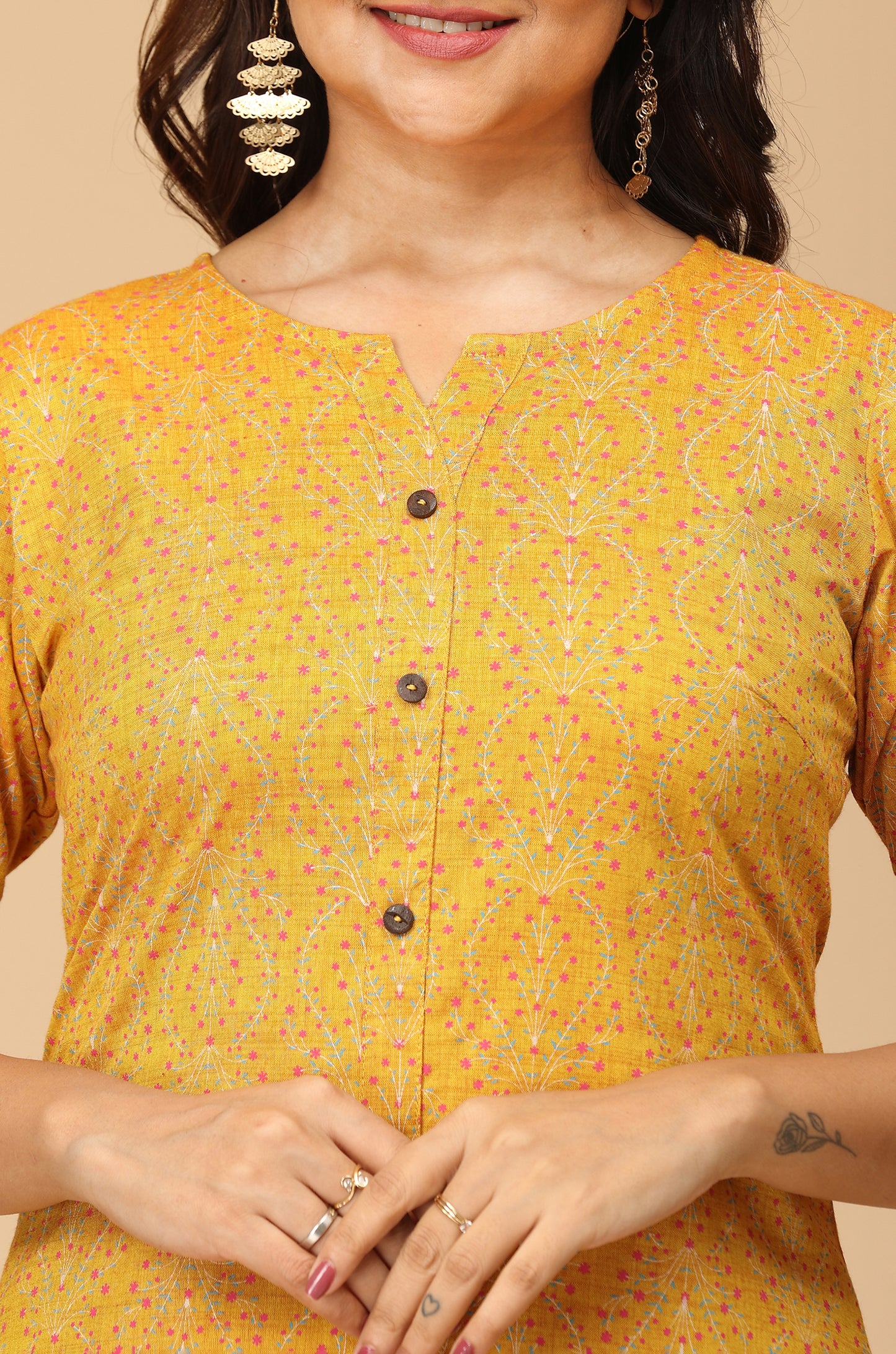 Mustard Rayon Slub Printed A-Line Kurti