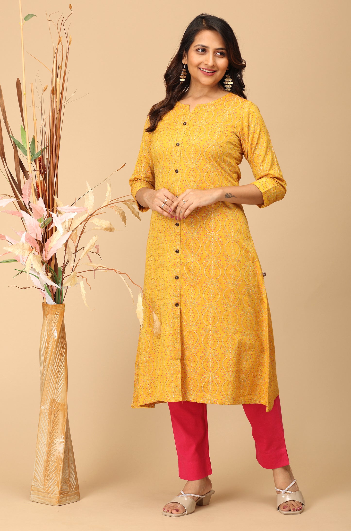 Mustard Rayon Slub Printed A-Line Kurti