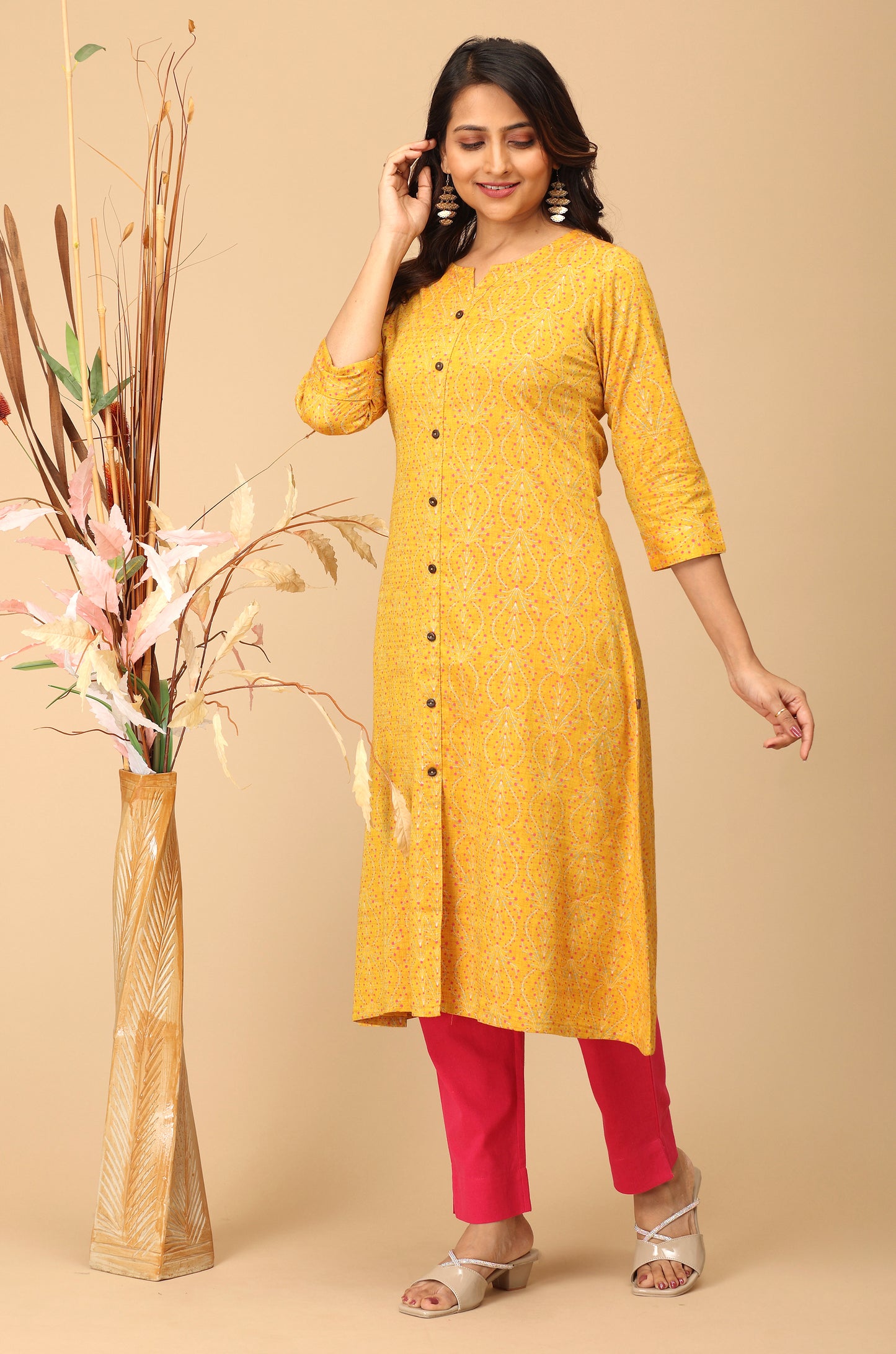 Mustard Rayon Slub Printed A-Line Kurti