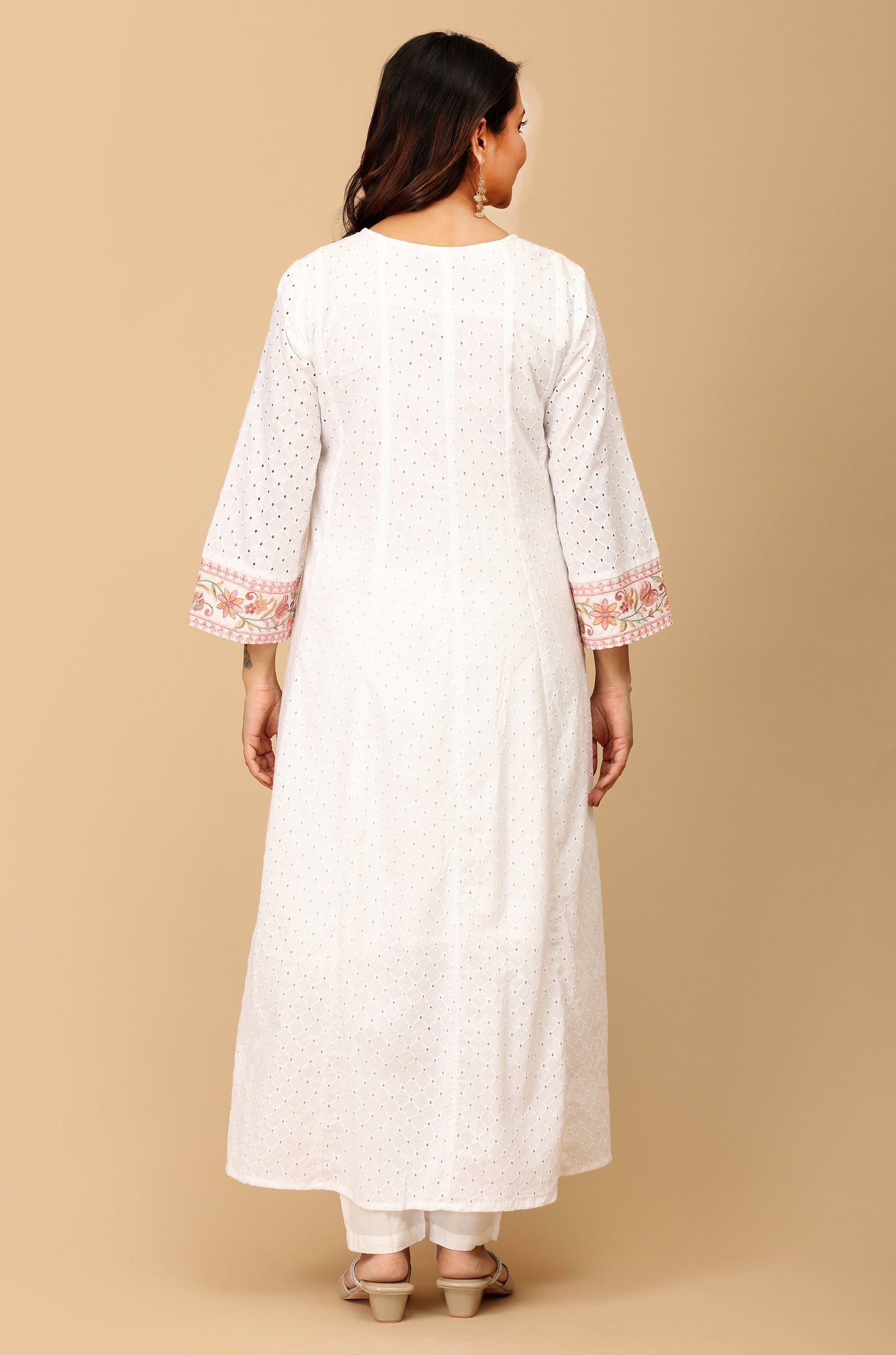 White Schiffli Embroidery A-Line Kurti Set - 3Pcs