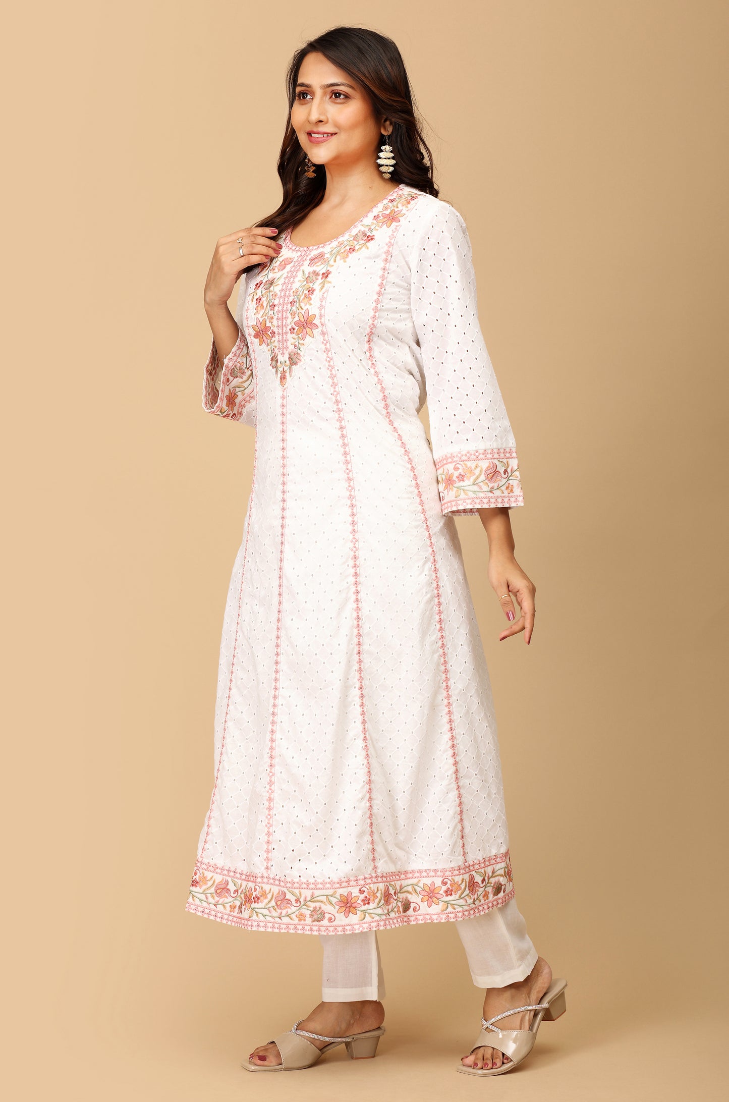 White Schiffli Embroidery A-Line Kurti Set - 3Pcs