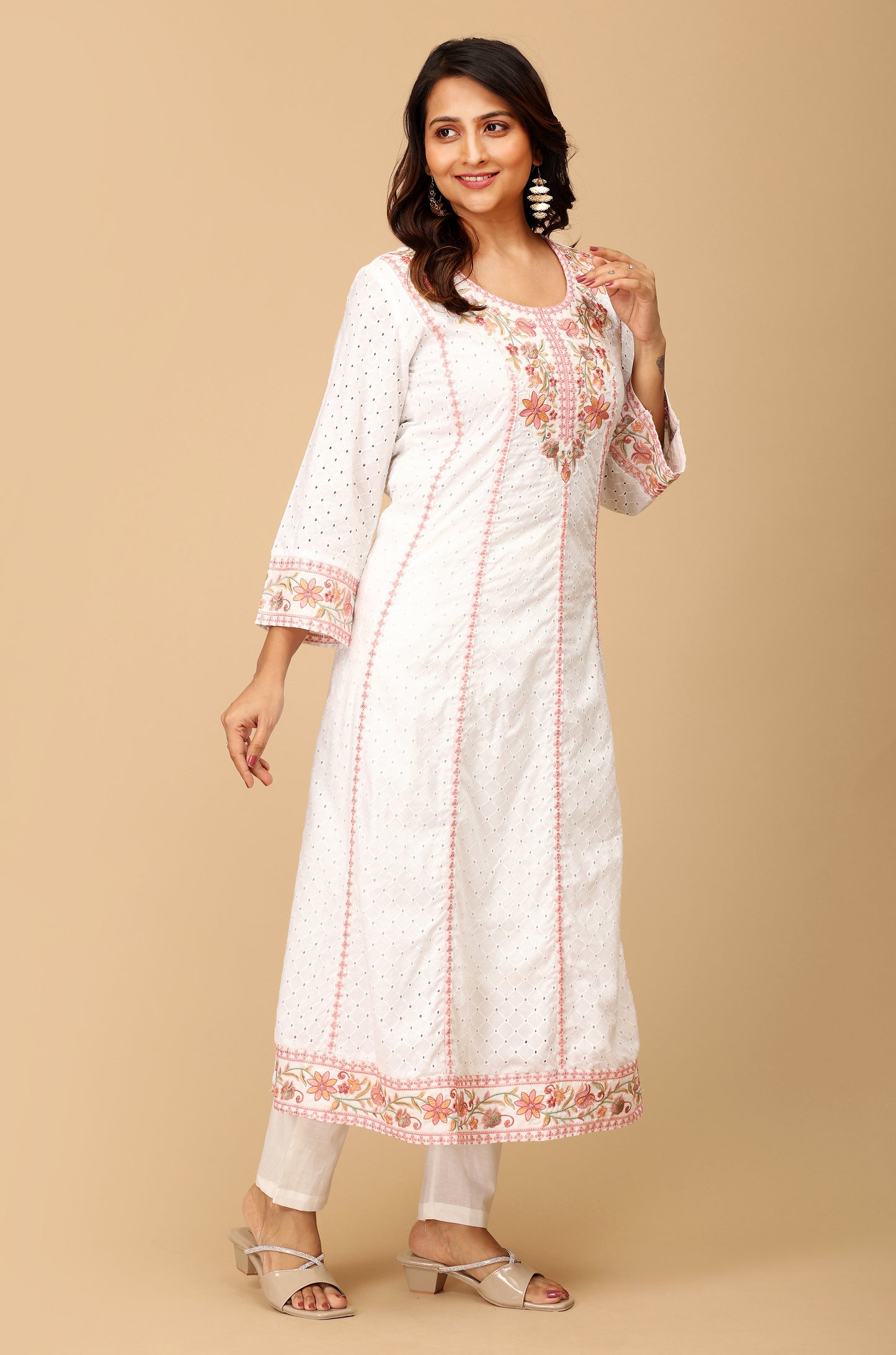 White Schiffli Embroidery A-Line Kurti Set - 3Pcs