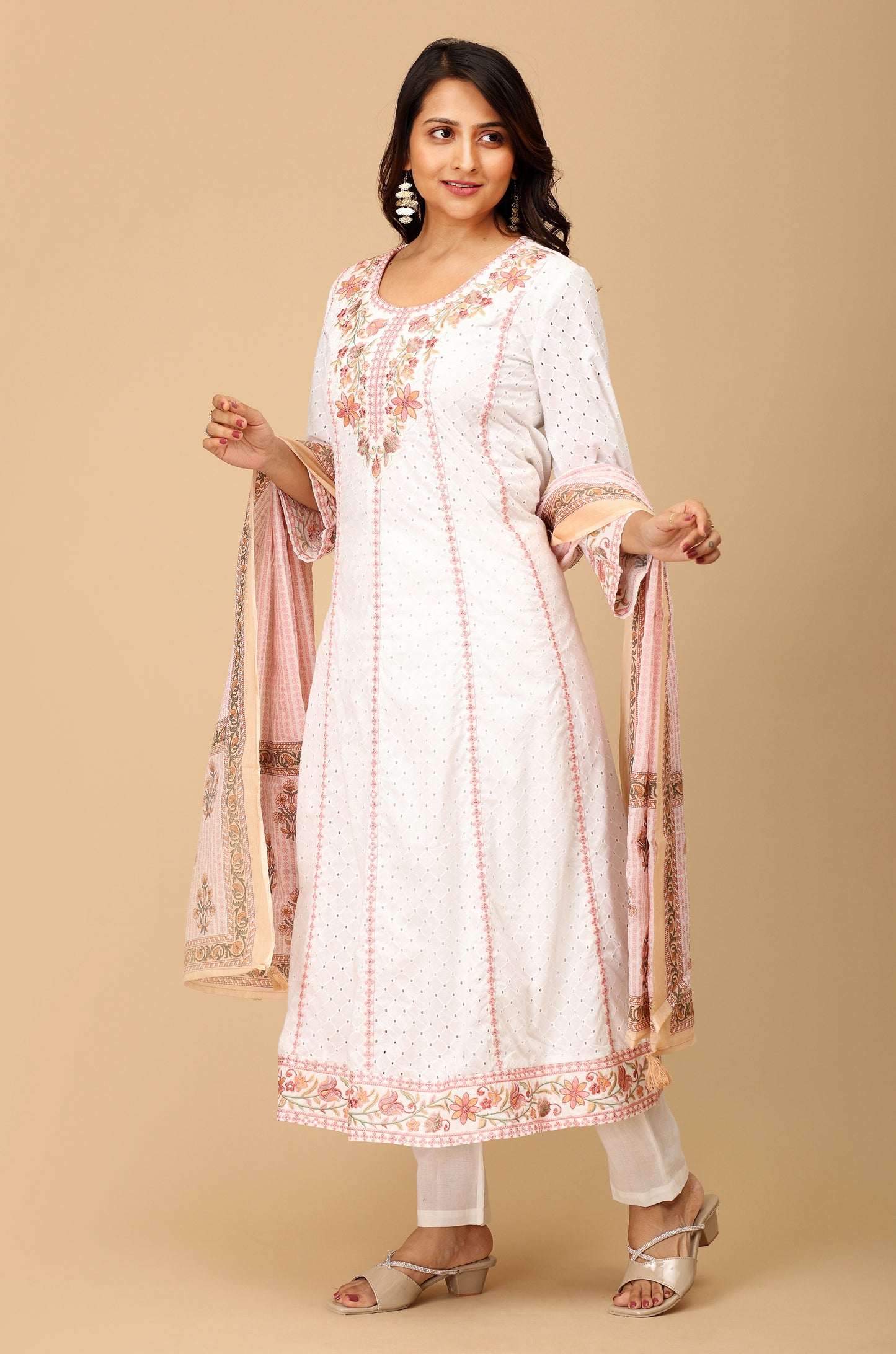 White Schiffli Embroidery A-Line Kurti Set - 3Pcs
