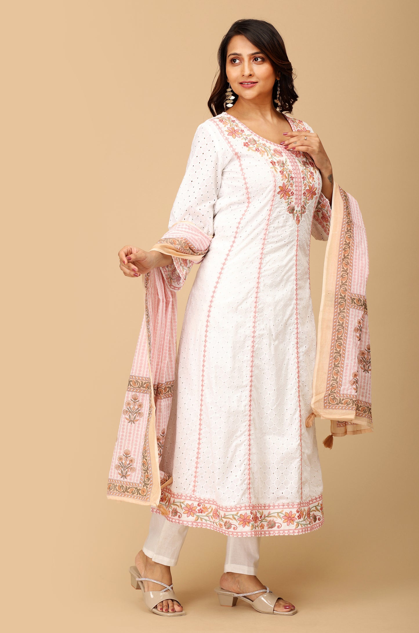White Schiffli Embroidery A-Line Kurti Set - 3Pcs