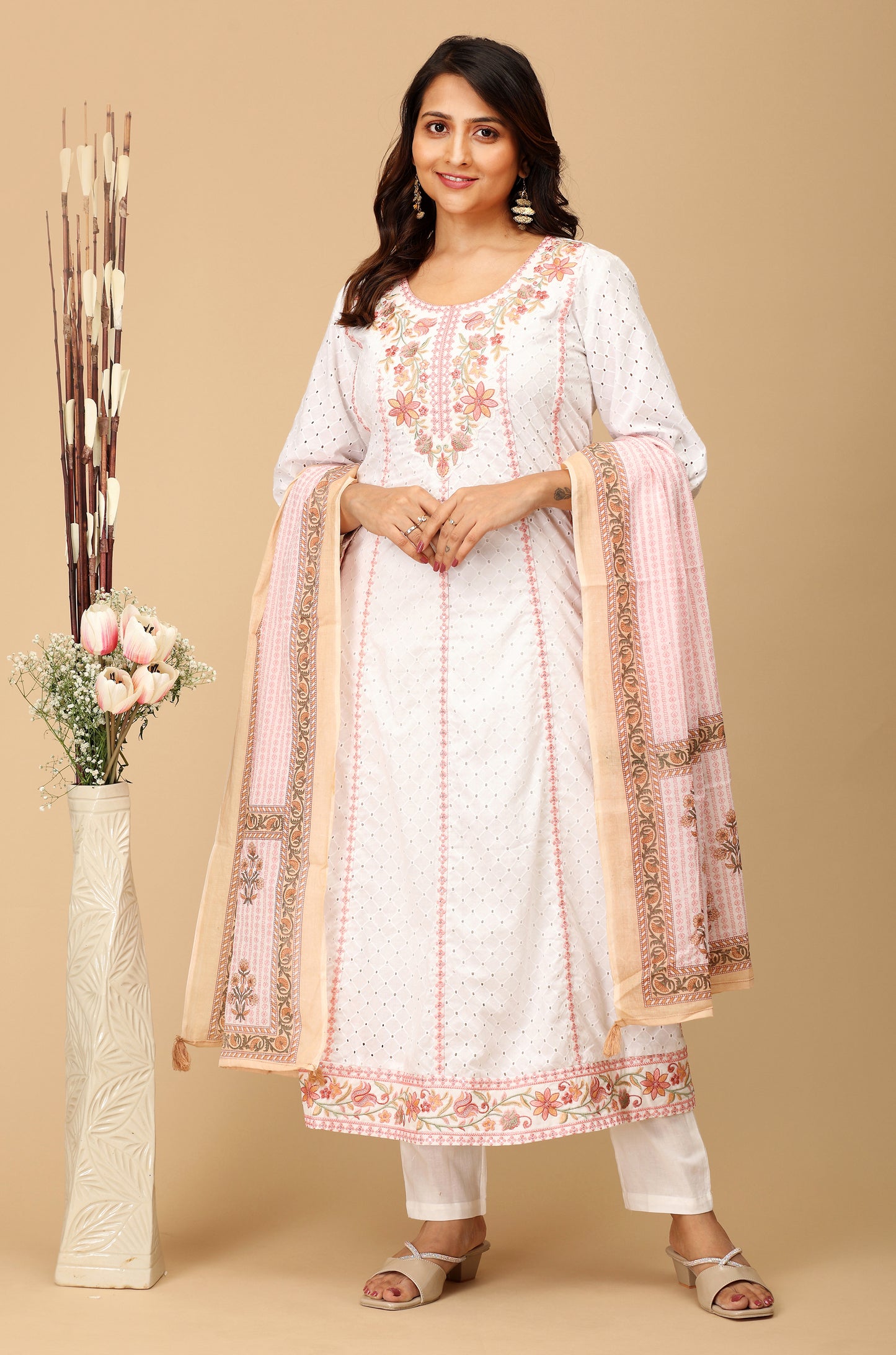 White Schiffli Embroidery A-Line Kurti Set - 3Pcs