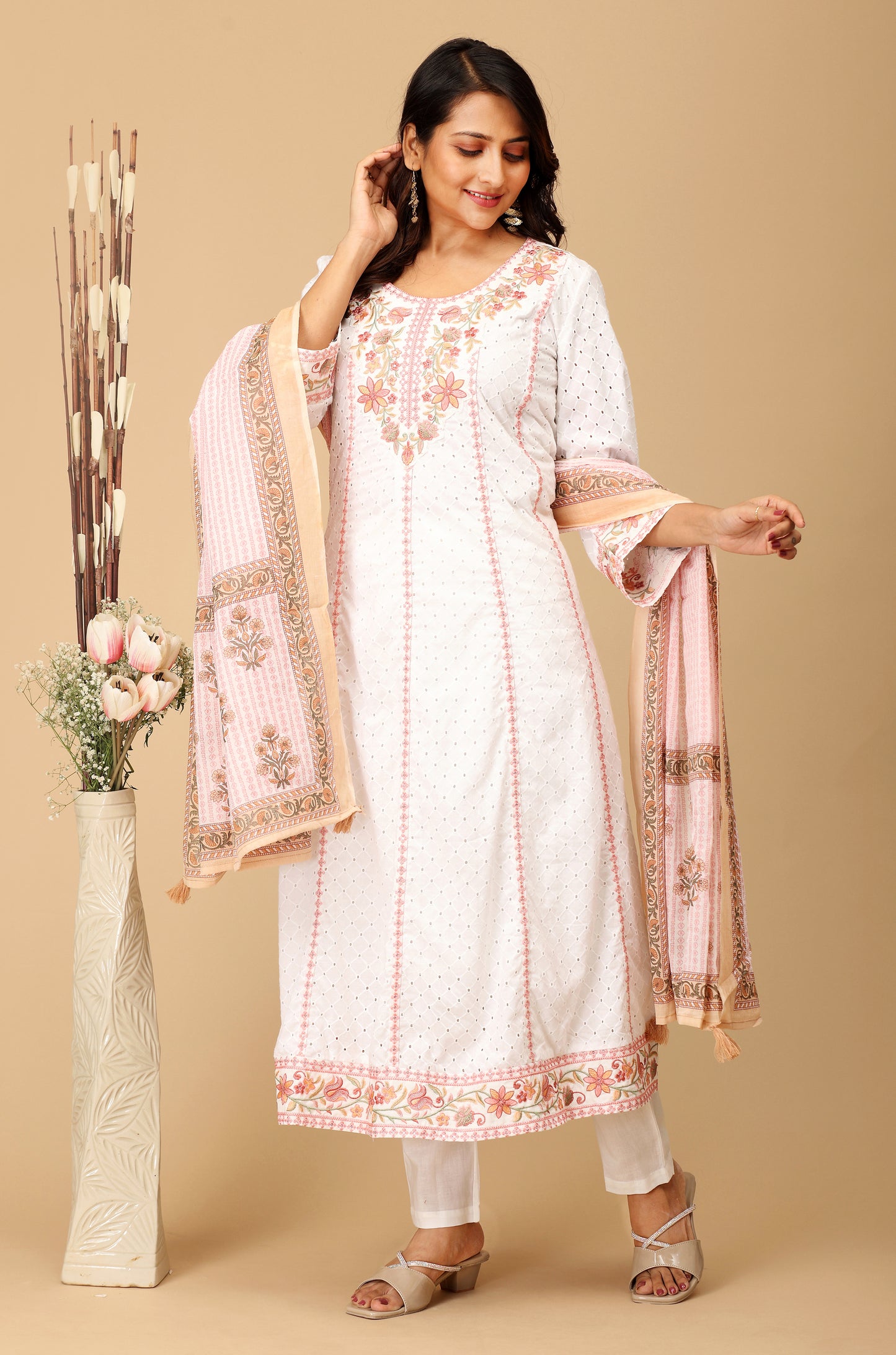 White Schiffli Embroidery A-Line Kurti Set - 3Pcs
