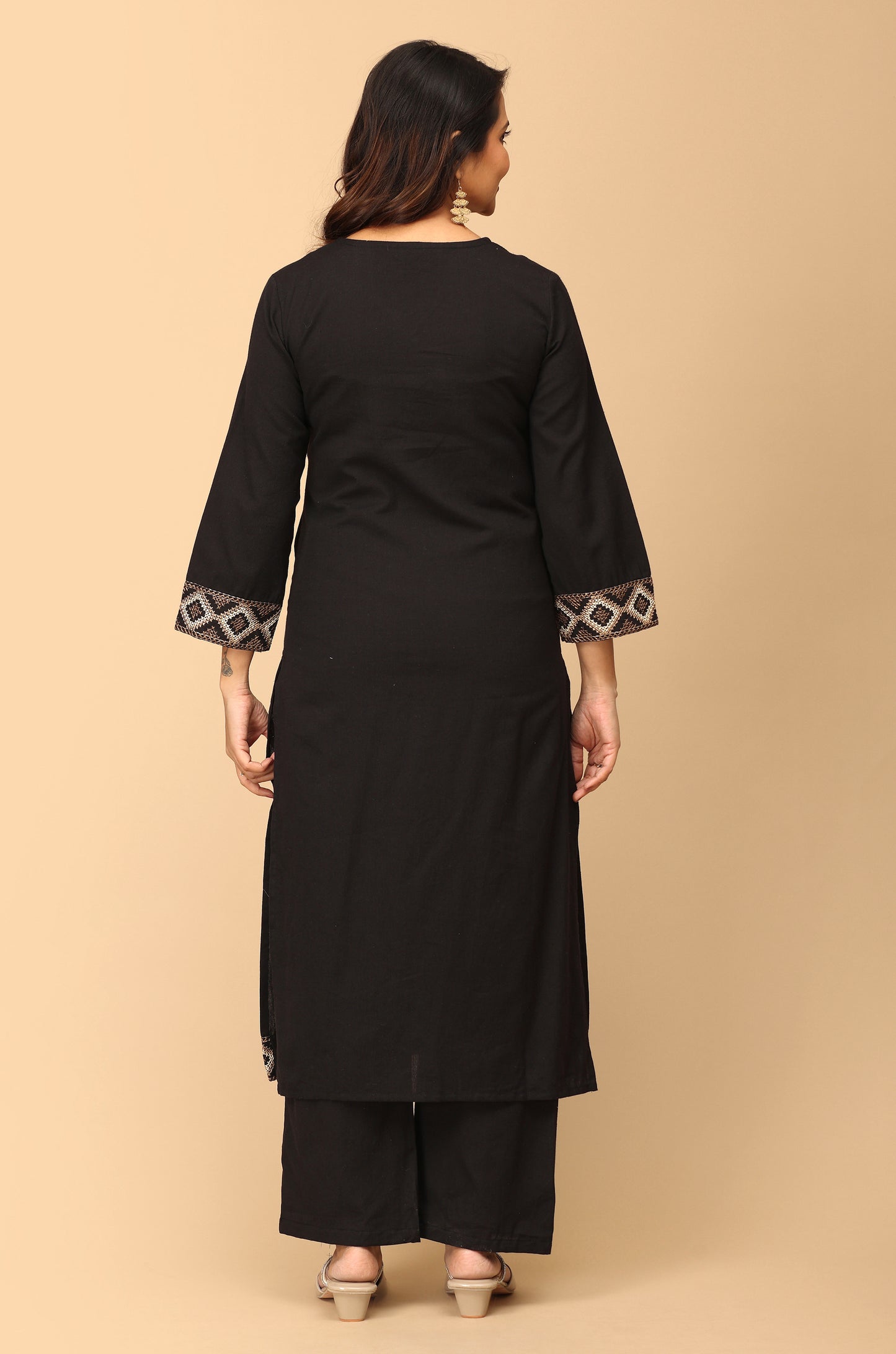 Black Cotton Flex Embroidery Straight Kurti Set - 2Pcs
