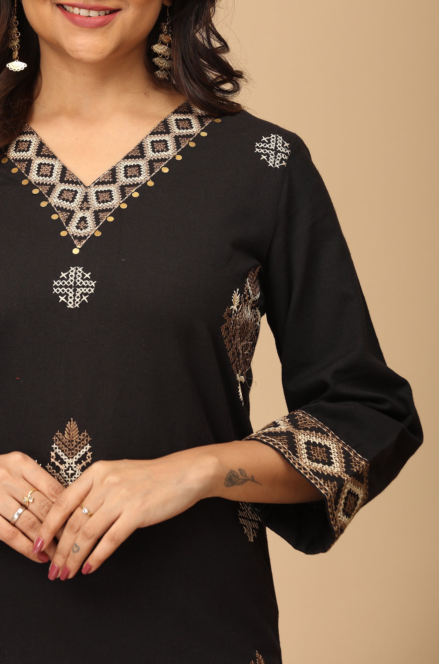 Black Cotton Flex Embroidery Straight Kurti Set - 2Pcs