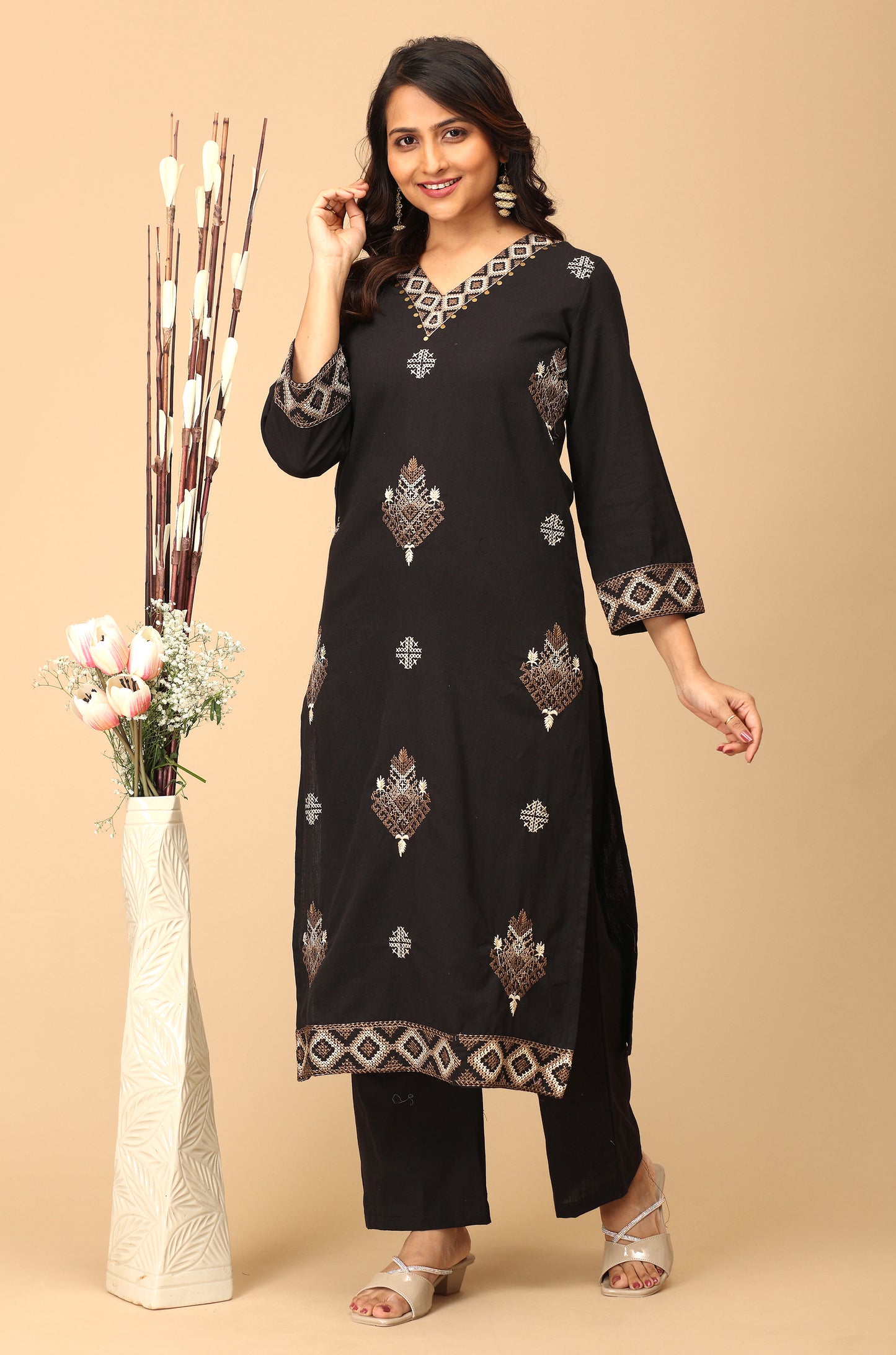Black Cotton Flex Embroidery Straight Kurti Set - 2Pcs