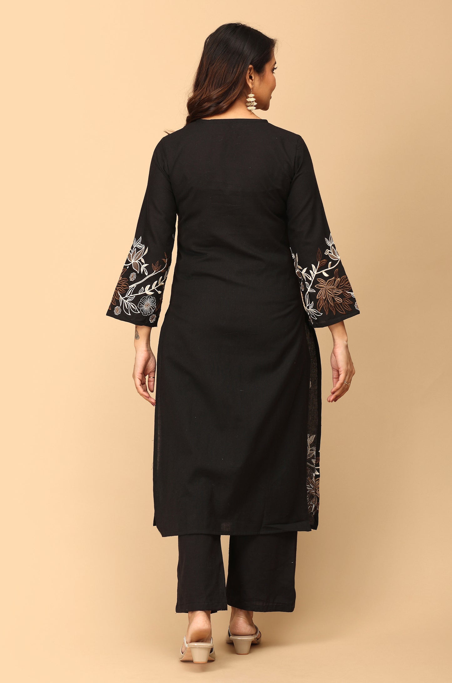 Black Cotton Flex Embroidery Straight Kurti Set - 2Pcs