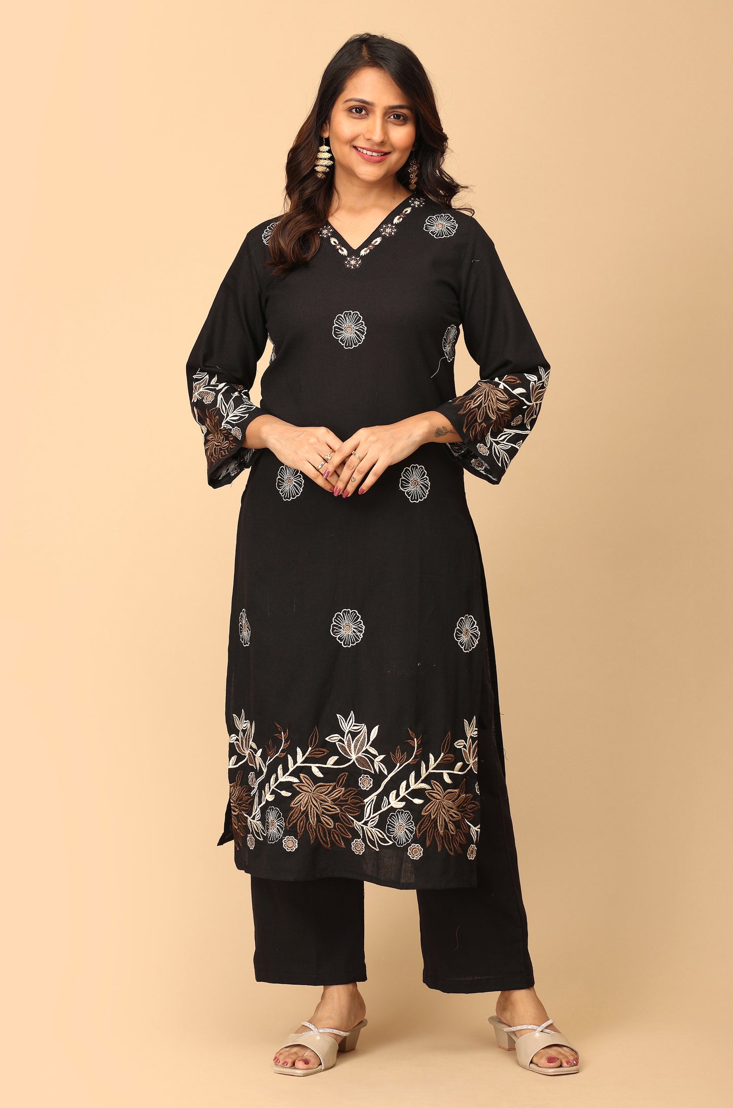 Black Cotton Flex Embroidery Straight Kurti Set - 2Pcs