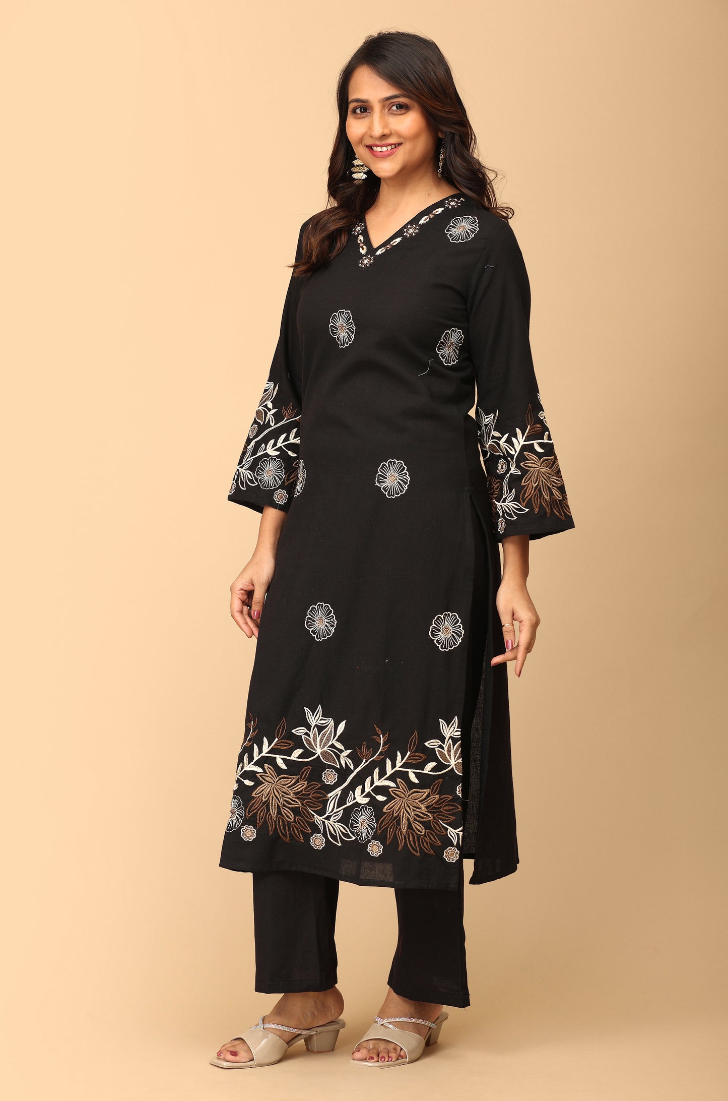 Black Cotton Flex Embroidery Straight Kurti Set - 2Pcs